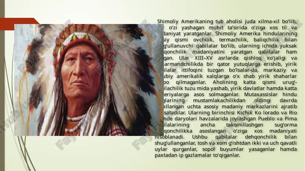 ollari, alyaska yarimorolining g‘arbiy qirg‘oqlarida yashovchi tub aholi aleutlar deb atala di. aleutlar xo‘jaligining asosini ovchilik, baliqchilik va par randachilik tashkil qiladi. ular suv o‘tmaydigan yopinchig‘i va bosh kiyimlari bilan boshqa qabilalardan ajralib turadilar. ma’lumki, amerika xalqlari ichida markaziy va janubiy amerikaning tog‘ va tog‘oldi hududlarida dehqonchilik bilan shug‘ullangan xalqlar o‘z davlatlarini tashkil qilgan bo‘lib, ular mayya, atstek va inklar davlatlari edi. bu xalqlar bosh qa amerika xalqlaridan yuksak madaniyat yaratganliklari bilan ham ajralib turadi. mayya qabilasi hozirgi meksika, gvatemala va belizning keng hududida, gonduras va salvadorning g‘arbiy qismida yasha gan. mayyalar yukatan yarimorolining janubiy qismida, hozirgi gvatemala hududida bir qancha shahar-davlatlarga asos solganlar. bu shahar-davlatlarning har biri mustaqil boshqaruv tizimiga ega bo‘lib, shuning uchun mayyalarni ba’zan “yangi dunyo yunonlari” deb ham ataganlar. har bir shahar-davlat ma’lum miqdordagi qishloq larni nazorat qilgan, ularning aholisi mamlakat iqtisodiyotining asosiy tarmog‘i bo‘lgan qishloq xo‘jaligi bilan shug‘ullangan. xiii asrda ham mayyalar davlatini cheklanmagan hokimiyatga …