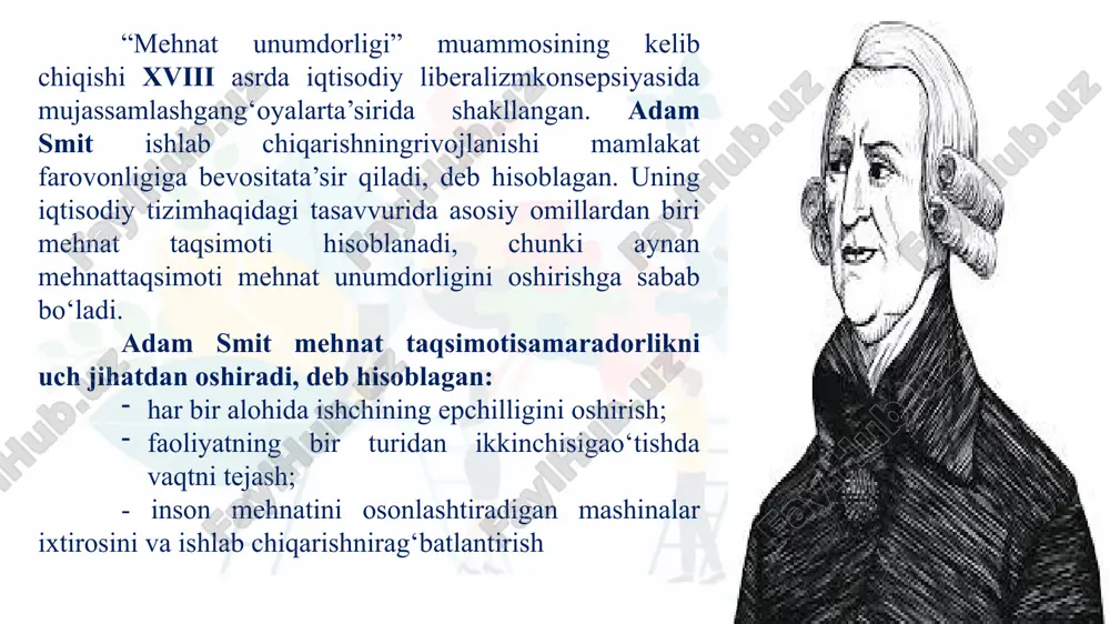 nsonlarningma’naviy qiyofasini yuqoridarajaga ko‘tarish davr taqozosidir. ikkinchidan, har bir hududda jamiyatning madaniyat darajasini yana yuqoriga ko‘tarish, kishilarda haqiqiy insoniy qiyofani shakllantirish, dunyoda bo‘layotgan barcha zulm va urushlargachek qo‘yish zarurdir. uchinchidan, jahonda va ba’zi bir mamlakatlarda sodir etilayotgan terrorizi balosidanmutlaqo qutilish va insonga yarashmaydigan odam savdosiga chek qo‘yish zamon talabidir. to‘rtinchidan, dunyoda sodir etilayotgan va insoniyat qirilishiga olib kelayotgan barchakasalliklarga qarshi kurashish borasida tibbiyotni rivojlantirish va barcha davlatlaro‘rtasida yagonatibbiyot ilmiy tizimini yaratish zarurdir. beshinchidan, dunyodagi barcha salbiy holatlarga olib keladigan davlatlar guruhlariniyo‘qotish va shu bilan birga yagona bmt hukmronligini kuchaytirish davr talabidir. oltinchidan, insonlarga juda katta moddiy va ma’naviy zarar keltirayotgan spirtli ichimliklar, turli xildagi narkotik va psixotrop moddalar, sigaretalar va boshqa zararli odatlarni mutlaqo yo‘qotishasrimiz orzusidir mehnat samaradorligi muammolarini hal qilishni aniqlash uchun biz asosiy maqsadlarva mehnat unumdorligi omilinita’kidlaymiz. ishlab chiqarish samaradorligini oshirishga olibkeladigan asosiy maqsadlar quyidagilardir: harajatlarni kamaytirish va rentabellikni oshirish; materiallar narxini pasaytirish; ishlab chiqarishning moslashuvchanligini oshirish; tovar …