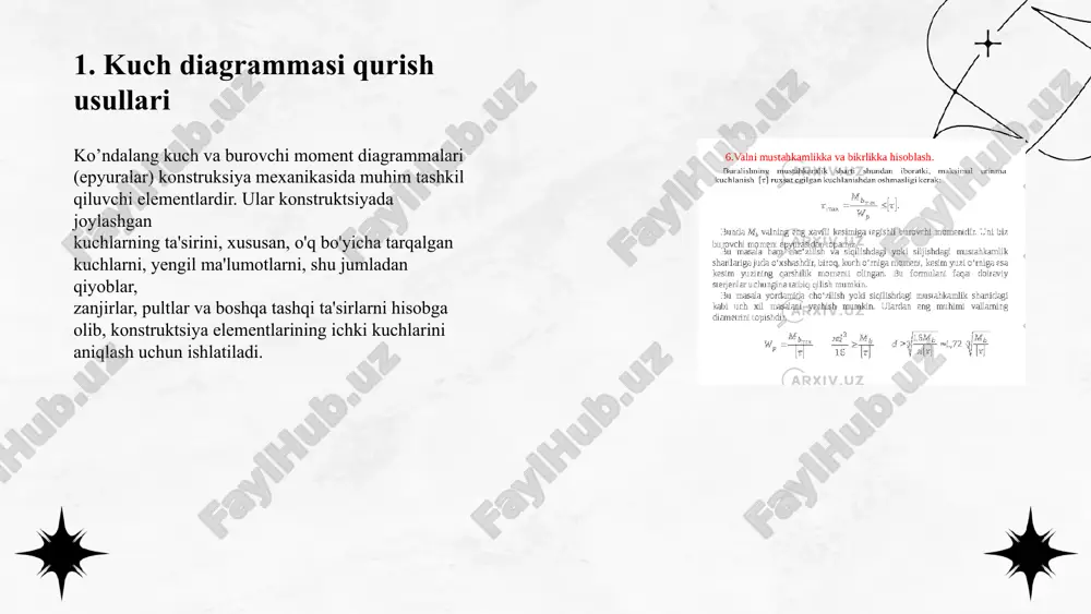 ri, uning ichki kuchlarini ham tushunish uchun muhim amaliy mashg'ulot hisoblanadi. bu epyuralar yordamida konstruktsiya elementlari xavfsizligi va o'zgaruvchanligi tekshiriladi. epyuralar ko'pincha shtatik hisoblashlarda qo'llaniladi va ularning xususiyatlari konstruktsiyaning geometriyasiga, ta'sir etuvchi kuchlarga va yopiq (katta) yoki ochiq (kichik) tizimga bog'liq bo'ladi. epyuralar qurishda avval barcha ta'sir etuvchi kuchlar va reaksiyalarni aniqlash kerak. bunda statika tenglamalaridan foydalaniladi. masalan, shu kabi bir qator kuchlar: nisbiy kuchlar, to'qnashuv kuchlari, zichlik kuchi, harorat ta'siri va hokazo. shundan keyin ko'ndalang kuch q va burovchi moment mb ning qiymatlari har bir kesim uchun hisoblanadi. 7. teng tarqalgan yuklarning ta'siri ko'ndalang kuch va burovchi moment diagrammalari (epyuralari) konstruksiyaning qanday holatda yuklanishini tushunish uchun juda muhim hisoblanadi. bu diagrammalar yordamida konstruktsiya elementlarining ichki kuchlarni qanday ta'sir qilishini aniqlash mumkin. teng tarqalgan yuklarning ta'siri ostidagi konstruksiyalarda ko'ndalang kuch va burovchi momentning taqsimlanishi xususiyatlarga ega bo'ladi. 8. noktaviy kuchlar ta'siri ko'ndalang kuch va burovchi moment diagrammalari (epyuralari) konstruksiyaning qanday …