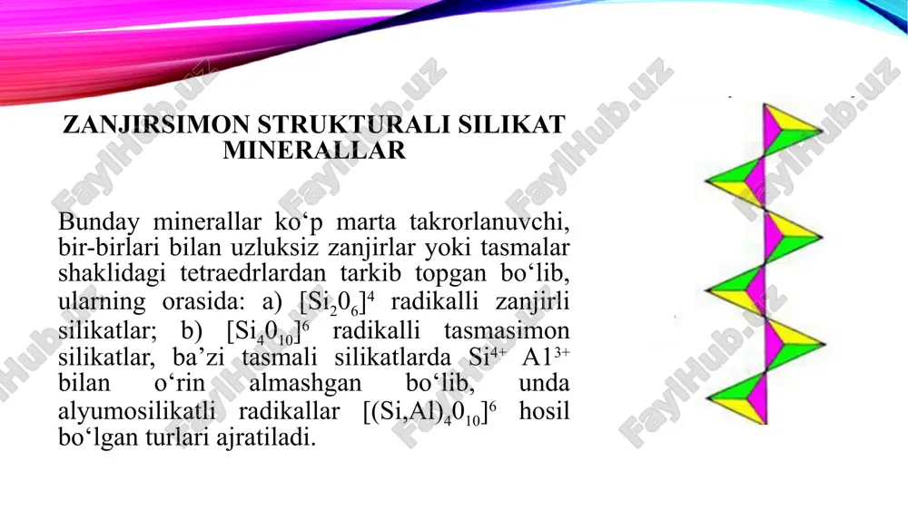 sbestning eng qimmatli navi bo‘lib tolalari uzunligi 8 mm ortiq bo‘lganlari sanaladi va u yonmaydigan gazlamalar, avtomobillar uchun tormoz tasmalari, asbestorezinali buyumlar va boshqalar ishlab chiqarishda foydalaniladi. talk mg3 [si4o10](oh)2 (jirovik, talkli tosh). nomi arabchadan olingan. odatda temir, ba’zan xrom qo‘shimchalariga ega. uchrash shakli — oltiburchakli tabletkalar, varaqchalar va tangachalar shaklida uchraydi . optik xossalari. rangi — oq, sariqsimon, yashilsimon, kulrang, moviy-yashilsimon. chizig‘ining rangi — oq. yaltiroqligi — shoyisimon, yog‘simon, sadafsimondan shishasimongacha. shaffofligi — shaffofmas. yupqa varaqchalari shaffof. mexanik xossalari. ulanishi — o‘ta mukammal. o‘ta mukammal ulanishi va yumshoqligi tufayli ushlaganda yog‘simon tuyuladi. agregatlarining sinishi — zirapchasimon, notekis. alohida yirik kristallalarda sinishi ulanishi bo‘yicha tekis, silliq. talk tangachalari egiluvchan, ammo elastik emas. qattiqligi — 1; tirnoq bilan oson tirnaladi. zichligi — 2,6 - 2,8 g/sm3. alohida xossalari — ushlaganda yog‘simon tuyuladi. bosh diagnostik belgilari — rangi, yumshoqligi, ushlaganda yog‘simonligi. kelib chiqishi — magniyga boy o‘taasosli jinslar hamda ba’zi cho‘kindi jinslarda …