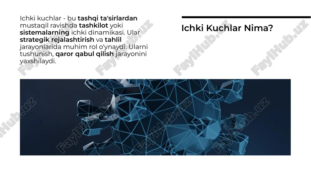 l bo‘lgan kuchlar tizimi uchun muvozanat tenglamalari yoziladi. (∑fx=0, ∑fy=0, ∑m=0). ichki kuchlarning kesish usulida ko‘rinishi.bo‘ylama kuch (n): kesim yuzasiga parallel bo‘ylama yo‘nalishda qo‘yiladi. cho‘zuvchi kuch musbat, siquvchi kuch manfiy hisoblanadi. ko‘ndalang kuch (q): konstruksiya o‘qiga perpendikulyar ravishda kesim yuzasida ta’sir qiladi. belgisi chap yoki o‘ng qismdan qarash qoidasiga muvofiq aniqlanadi. eguvchi moment (meg): kesim o‘qiga nisbatan moment ko‘rinishida kiritiladi. element “tabassum” shaklida egilsa musbat, “xafa” shaklida egilsa manfiy bo‘ladi. burovchi moment (mb): konstruksiyaning bo‘ylama o‘qi atrofida aylanma moment sifatida qo‘yiladi. burilish yo‘nalishiga ko‘ra musbat yoki manfiy aniqlanadi. kesish usulining afzalliklari.har qanday murakkab konstruksiyada ichki kuchlarni bosqichma-bosqich aniqlash imkonini beradi. muvozanat tenglamalaridan foydalanilganligi sababli natijalar aniq va ishonchli bo‘ladi. grafikli usullar (kesimlar bo‘yicha diagrammalar) bilan birgalikda qo‘llanganda konstruksiyaning butun kuchlanish holatini tasavvur qilish imkonini beradi. ushbu taqdimotda ichki kuchlarni kesish usuli va aniqlashning yangi yondashuvlari haqida muhim fikrlar keltirildi. bu metodologiya, samaradorlik va aniqlikni oshirishda muhim ahamiyatga ega. har bir …