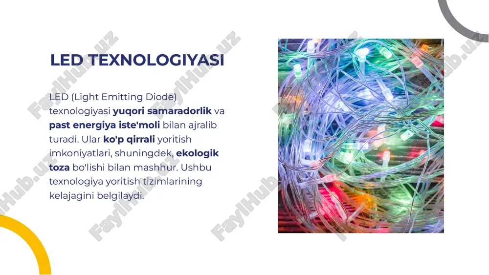sir ko'rsatish imkonini beradi. bu texnologiya yangiliklar va tadqiqotlar asosida rivojlanadi va kelajakda yanada keng tarqaladi. led yoritish tizimlarining innovatsion ishlab chiqilishi kelajakda energiya samaradorligini oshirish va atrof-muhit ga ijobiy ta'sir ko'rsatish imkonini beradi. bu texnologiya yangiliklar va tadqiqotlar asosida rivojlanadi va kelajakda yanada keng tarqaladi. xulosaxulosa