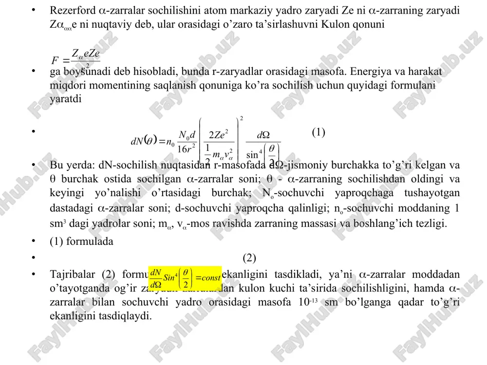 bunda energiya yutmaydi yoki chiqarmaydilar. energiya yutish va chiqarish faqatgina elektronning bir orbitadan ikkinchisiga o’tishida roy beradi. n.bor o’z postulatlari bilan atom yadrosidagi jarayonlarni klassik tasavvurlashdan kvant tasavvurlashga asos soldi. shunday qilib, klassik fizika qonunlaridan kvant fizikasiga o’tish davri boshlandi. 1926 yili geyzenberg, shredingerlar mikrodunyo jarayonlarini kvant mexanikasi qonunlariga ko’ra tushuntira boshladilar. kvant mexanikasiga ko’ra zarralar harakatini o’rganishda ularning harakat trayektoriyasini, bir vaqtda turgan joyi va tezliklarini aniq bilish mumkin emas. 1934 yili i.kyuri va p.jolio-kyurilar su’niy radioaktivlik hodisasini, e.fermi -yemirilish nazariyasini yaratdi. 1937 yil k.anderson, s.nedermeyerlar kosmik nurlar tarkibida -mezon zarralarni ochdi. bu vaqtga kelib ko’plab elementar zarralar va bu zarralarning bir-birlariga o’tishliklari o’rganila boshlandi. 1939-1945 yillar og’ir yadrolarning neytronlar ta’sirida bo’linishini bu bilan katta energiya ajralishini, ya’ni yadro zanjir reaksiyalari amalga oshirildi. yadro bo’linish nazariyasini 1939 yil y.i.frenkel, n.bor va j.uylerlar tomchi modeliga asosan ishlab chiqishdi. e.fermi boshchiligida aqshda 2 dekabr 1942 yil atom reaktori ishga tushdi. 1944-1945 …