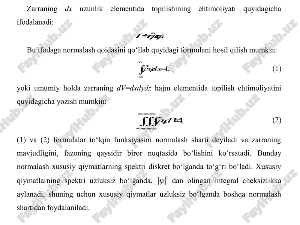 qlanadi. shredinger tenglamasi kvant mexanikasining asosiy tenglamasi bo‘lib, norelyativistik kvant mexanikasi uchun, ya’ni yorug‘likning vakuumdagi tezligidan kichik ( 0 bo‘lganda, zarraning energetik spektri uzluksiz bo‘ladi. zarra noldan farq qiladigan ehtimoliyat bilan cheksizlikka ketishi mumkin yoki e>0 bo‘lganda, zarra harakati infinit bo‘ladi. infinitlik sharti klassik mexanikada ham shunday. atomning mumkin bo‘lgan statsionar holatlar soni (yoki energetik holatlar soni) u(x) potensial funksiyaning ko‘rinishiga bog‘liq bo‘ladi. u(x) funksiya chekli yoki cheksiz bo‘lishi mumkin. atomdagi diskret energetik sathlar soni ortishi bilan sath energiyasi assimptotik ravishda e=0 ga yaqinlashadi, qo‘shni sathlar oralig‘i ham nolga intiladi. to‘liq energiyasi e=umin bo‘lgan statsionar holat mavjud bo‘lmaydi. zarraning potensial chuqurlikdagi eng kichik energiyasi e1, nol energiya deyiladi. nol energiyani zarradan olish mumkin emas, chunki bu energiya ruxsat etilgan eng kichik energiyadir. uni o‘zgartirish uchun potensial chuqurlikni o‘zgartirish kerak. reja kirish 1. to‘lqin funksiyasi 2. to‘lqin funksiyasini normalash sharti 3. shredinger tenglamasi 4. statsionar holatlar 5. to‘lqin funksiyasiga matematik talablar …