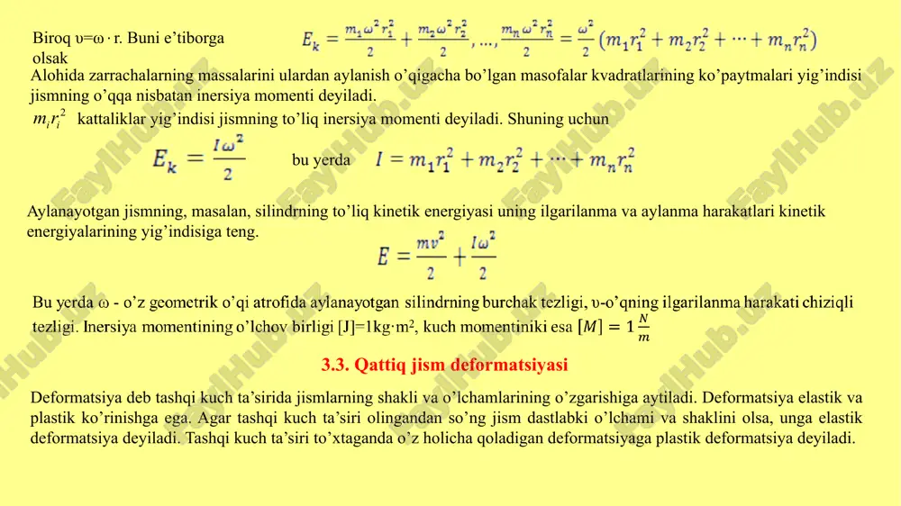 i. demak, u holda materialning elastik xossalarini ifodalash uchun α bilan quyidagicha bog’langan yung moduli deb ataluvchi kattalikdan foydalaniladi: yung modulining fizik ma’nosi shundan iboratki, normal kuchlanish uning ta’sirida nisbiy uzayish son jihatdan birga teng bo’ladi. ammo ko’pchilik jismlar bunday katta deformatsiyaga ega emas. yuqorida keltirilgan formulalarga asosan; ta’sir etayotgan kuch quyidagicha aniqlanadi: kuchlanishning chiziqli bog’lanishdan chetlanish bo’la boshlagan σ=σpr qiymatiga proporsionallik chegarasi deyiladi. kuchlanishning σel-elastiklik chegarasi deb ataluvchi qiymatidan boshlab deformatsiyaning kuch olingandan so’ng to’liq yo’qolmaydigan plastik deformatsiya deb ataluvchi boshqacha ko’rinishi paydo bo’ladi. agar plastik deformatsiya sohasida yotuvchi biror s nuqtaga yetgandan so’ng kuchlanishni dastlabki so chizig’i bo’ylab o gacha tushirilganda deformatsiyaning kamayishi ce punkt r chizig’i bo’ylab yuzaga keladi, bunda jism oye qoldiq deformatsiyaga ega bo’ladi. rasmda temirning cho’zilish diagrammasi tasvirlangan. oa to’g’ri chiziq guk qonunining bajarilishiga mos keladi, ab qismi elastik deformatsiyaga tegishli bo’lsa ham, guk qonunidan chetlanish kuzatiladi: bu yerda uzayish kuchlanishdan tezroq osha boradi. …