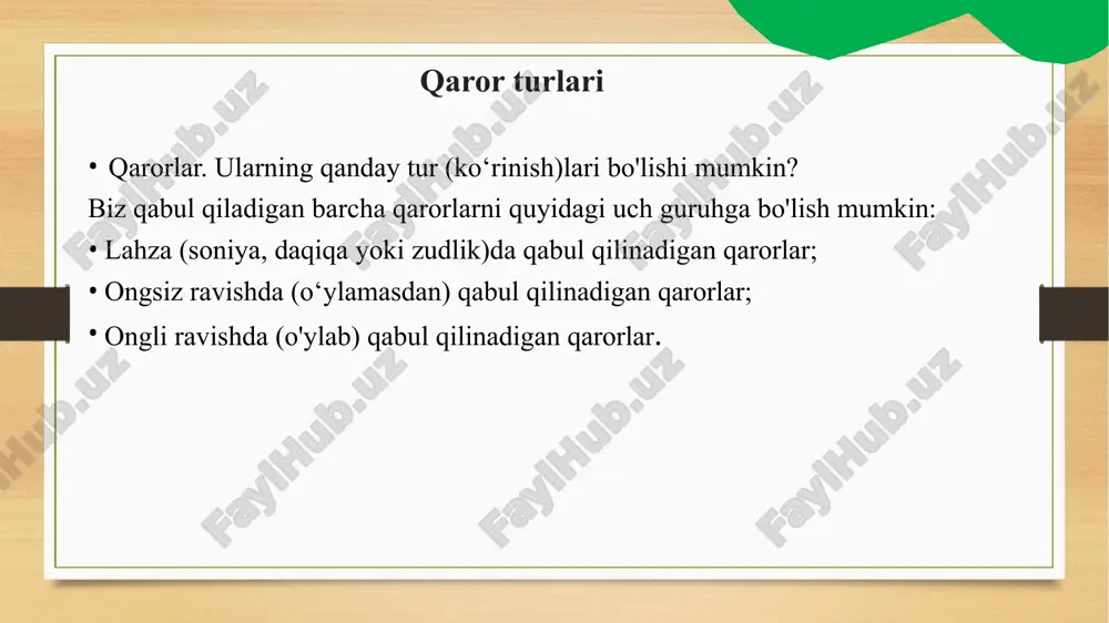 a olmaslik sari riskka ega bo‘lasiz. uzoq muddatli maqsadlar pul bilan bog‘liq qarorlar qanday qabul qilinadi? o‘zim uchun mo‘ljallagan miqdordagi pulni men qanday qilib olishim (ega bo‘lishim) mumkinligi to‘g‘risida bir qarorga kelishim kerak. masalan: men har haftada 50 ming so‘mni jamg‘arib borishim mumkin. u holda sotib olishni bir necha oyga ortga surishimga to‘g‘ri keladi; men o‘rtoqlarimdan qarz va hatto foizsiz qarz so‘rasam bo‘ladi. bu variantda agar qarzni o‘z vaqtida qaytarolmasam, o‘rtoqlarim bilan nizo kelib chiqishi mumkinligiga tayyor turishim kerak; men o‘rtoqlarim bilan birlashishim va o‘sha narsani ular bilan birgalikda sotib olishim mumkin. u holda sotib olgan narsam faqat menga emas, balki o‘rtoqlarimga ham tegishli ekanligiga ko‘nikishim lozim. davomi byudjetni tashkil etish. samarali byudjet tuzish orqali daromad va xarajatlarni boshqarish mumkin. har oygi daromad va xarajatlarni rejalashtirish, xarajatlarni optimallashtirish, va tejash usullarini aniqlash muhimdir. byudjet tuzishda daromadning ma'lum bir qismini tejash va investitsiya qilishni odatga aylantirish lozim. xarajatlarni kamaytirish orqali qo‘shimcha …