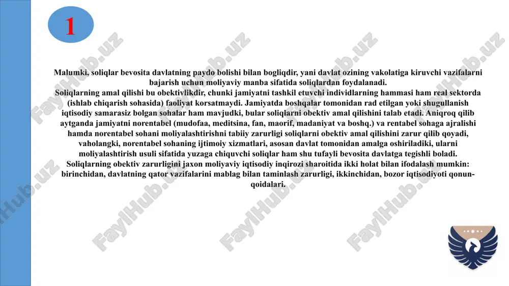 ri aniqlab qo‘yilgan taqdirdagina ushbu soliq belgilangan deb hisoblanadi. bunday soliq elementlariga quyidagilar kiradi: 1) soliq solish obyekti; 2) soliq bazasi; 3) soliq stavkasi; 4) soliq davri; 5) soliqni hisoblab chiqarish tartibi; 6) soliq hisobotini taqdim etish tartibi; 7) soliqni to‘lash tartibi. soliqni belgilashda soliq imtiyozlari va ularning qo‘llanilishi uchun asoslar nazarda tutilishi mumkin. 8 soliqlar va soliqqa tortish fanining predmeti va funksiyalari. har qanday fan o‘zining predmetiga, ya‘ni izlanish ob‘ektiga ega bo‘ladi. masalan, texnologiya fanining predmeti bo‘lib kimyoviy moddalarning tarkibini o‘rganish hisoblansa, mashinasozlik fani uchun mashinalar mexanizmini xarakteristikasi bo‘lsa, soliqlar va soliqqa tortish fanining predmeti soliq munosabatlarini (harakatini), soliqlar mexanizmini har tomonlama o‘rganishdan iboratdir. 9 7-modda. soliq solish prinsiplari soliq solish majburiylik, aniqlik va soliq organlarining soliq to‘lovchilar bilan hamkorligi, adolatlilik, soliq tizimining yagonaligi, oshkoralik va soliq to‘lovchining haqligi prezumpsiyasi prinsiplariga asoslanadi. soliq tizimiga ta'rif bering? soliq tizimining iqtisodiy mohiyati va ahamiyati nimada? o'zbekiston respublikasi soliq tizimini guruhlab bering? …