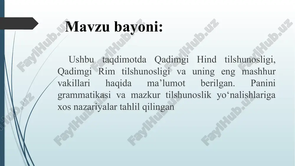id qilib, lotin tili haqida keng tadqiqot ishlarini olib bordilar. rimliklarning ona tili bo‘yicha grammatikaga oid tadqiqotlari, asosan, yunon tilidan tarjima qilingan bo‘lsa da, ularning grammatikalarida ayrim yangiliklar, yangicha qarashlar uchrab turadi. jumladan, rim tilshunoslari yunon tilshunoslaridan farqli holda rim grammatikasiga alohida stilistikani (uslubshunoslikni) kiritdilar. rim grammatikachilari so‘z turkumiga undovlarni ham kiritdi. ammo yunon tiliga xos bo‘lgan artiklni chiqarib tashladilar. chunki lotin tilida artikl yo‘q edi. demak, lotin tili uchun ham 8 ta so‘z turkumi xos bo‘libqoldi. rim tilshunoslari son turkumini ikkiga: tub son va tartib songa bo‘lib o‘rganishdi. yuliy sezar lotin tiliga yunon tilida mavjud bo‘lmagan ablativ (ajratish) kelishigini kiritdi va kelishiklar sonini oltitaga yetkazdi. xulosa xulosa qilib aytganda, antik davr tilshunoslik maktablarining ahamiyati jahontilshunosligi nuqtayi nazaridan yuksakdir. ushbu davr ilga oid hodisalar bilan jiddiy va puxta shug‘ullanish ilk bor hindistonda hind olimlari, filologlari tomonidan boshlab berildi. ayni jarayonning boshlanishi dastavval sof amaliy ahamiyatga ega bo‘ldi. paninining sakkiz bo‘limdan …