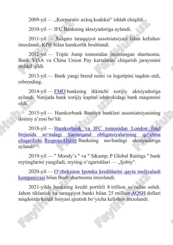 umotlariga koʻra tadbirkorlik sub’yektlariga koʻrsatilayotgan xizmatlar sifati boʻyicha oʻzbekistondagi barcha tijorat banklari orasida eng yaxshi bank deb topildi. · 2021-yil — asia money jurnali boʻyicha „oʻzbekistonning eng yaxshi raqamli banki — 2021“. asia money jurnali euromoney guruhiga kiritildi. · 2021-yil -"yil brendi" mukofoti natijalariga koʻra oʻzbekiston respublikasining eng yaxshi banki deb topildi. asosiy aktiv va passivlar tarkibi · asosiy aktivlar · hamkorbank atbning asosiy aktivlari tahlil qilinganda, · ularning ko'p qismi kreditlar va avanslar, shuningdek, pul · mablag'lari va ularning muqobillari kabi juda likvidli · aktivlardan tashkil topganligini ko'rish mumkin. bank · investitsiya portfeli tarkibida davlat va korporativ qimmatli · qog'ozlardagi investitsiyalar ustunlik qiladi. · asosiy passivlar · bank passiv tomonida mijozlarning jami omonat · mablag'lari eng katta salmoqni egallaydi. bundan tashqari, · bank tomonidan ijtimoiy soha va tadbirkorlikni qo'llabquvvatlash · maqsadida jalb qilingan depozitlar ham · diqqatga sazovor. kapital tarkibida bankka tegishli bo'lgan · ustav fondi va saqlanayotgan daromadlar …