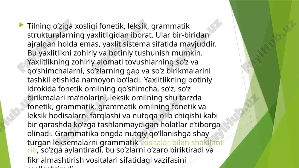 arning lisoniylashuvidir. ular leksema sifatida lisonda ish, paxta leksemalaridan farqli o’laroq, so’z yasovchi qo’shimchalar bilan birga mavjud. qo’shimchalardan xoli leksema o’zak atamasi bilan ham nomlanadi. so’zning morfemik strukturasidagi o’zgarishlar. aytilganidek, til taraqqiyoti natijasida so’zning semantik, fonetik strukturasida bo’lgani kabi, morfemik tarkibida ham jiddiy o’zgarishlar yuz beradi. ularning har xil ko’rinishlari bor: 1.so’z va qo’shimcha birlashib, so’z tublashishi mumkin: yuksal, yuksak. 2.so’z va qo’shimcha birlashib, ular yaxlitlanishi mumkin: biron, biror, bezor. qo’shimcha bunday zichlashishi natijasida o’z invarianti – morfemasidan uzilishi mumkin. 3.so’z va qo’shimcha orasidagi aloqa soddalashishi mumkin: yumshoq, qattiq. 4.so’z qo’shimcha holiga kelishi, murakkab qo’shimchalar bir-biriga qo’shilib ketishi, ya’ni birlashishi mumkin: borib yotibdi – borib yatipti – boryapti; ning + ki=niki. e’tiboringiz uchun rahmat /docprops/thumbnail.jpeg
