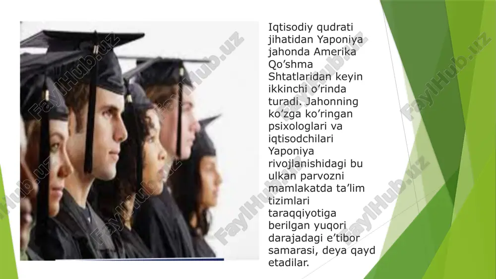 bepul sayohatlar va boshqa ko’ngil ochar tadbirlar uyushtiriladi. zarur bo’lib qolgan taqdirda muhtoj o’quvchilar uchun moddiy yordam ko’rsatiladi. bu bosqichdagi maktablarga qabul uchun maxsus qonun yoki cheklashlar yo’q. faqat jismonan, ruhan nosog’lom bolalar unga qabul qilinmaydilar. yuqori bosqich o’rta maktabi. yaponiyada bunday bosqich maktablarining kunduzgi, kechki va sirtqi bo’limlari mavjud. kunduzgi yuqori bosqich maktablarida o’qish muddati 3 yil. o’quvchilarning 95 foizi kunduzgi maktablarda ta’lim oladilar. bu turdagi maktablarda o’qish ixtiyoriydir. unda quyi o’rta maktablarni bitirgan, yuqori bosqich o’rta maktablariga kirish sinovlaridan muvaffaqiyatli o’tgan 16 yoshdan 18 yoshgacha bo’lgan o’quvchi yoshlar qabul qilinadilar. unda umumiy ta’lim (akademik) fanlari, texnik bilimlar, tijorat, mahalliy sanoat, qishloq xo’jaligi, chorvachilik, baliqchilik, kemasozlik va boshqa sohalarga oid bilimlar o’rgatiladi. bunday turdagi o’rta maktablarda umumiy va xususiy tarmoqlarni qo’shib hisoblaganda 98 foiz yosh bilim oladi. va nihoyat, universitetlar, kichik kollejlar, texnik kollejlar, maxsus ixtisoslashtirilgan kollejlar yaponiyada oliy ta’lim tizimini tashkil etadi. bu mamlakatda boshlang’ich, o’rta va oliy …