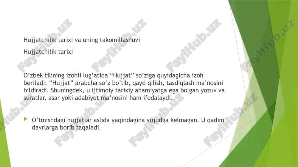 ning janubiga to‘g‘ri keladi. turkiston respublikasidan ajralib chiqqan o'zbekiston respublikasi 1924-yil 31-dekabrda 48-raqamli “ishlarni o‘zbek tilida yuritish” to‘g‘risida muhim qaror qabul qildi. qarorda butun boshqaruv idoralarida hamma rasmiy ish qog'ozlari faqat o‘zbek tilida yuritish, o‘zbekcha rasmiy hujjatlar tuzish, yo'riqnomalarni tayyorlash topshirildi. qarorni hayotda qo'llash uchun ishchi hay’at yuzaga keldi. har bir tashkilot, muassasa va idoralarda ish yuritish bo'limlari tashkil qilindi. qarorda dekretga bepisand qarovchilarga chora ko'rish kerakligi ta'kidlangan edi. ish qog‘oz namunalari maxsus tayyorlandi. ammo 30-yillarda vaziyat o‘zgardi. ayniqsa 1938-yilgi qabul qilingan “ob obyazatelnom izuchenii russkogo yazika” qaroridan keyin milliy tillar, xususan, o'zbek tilini cheklash siyosati boshlandi. ish yuritish asosan, rus tilida yuritiladigan bo'ldi. rossiyada hujjat yuritish ix-x asrlardan boshlangan. x-asrga kelib shartnomalarda muhrlar qo’llana boshlagan. xlv-asr oxirlaridan boshlab hujjatlar qog‘ozlarda o‘z ifodasini topishga o‘tgan. manbalar pyotr davrida “dokument” so‘zining ishlatila boshlaganidan darak beradi. u tor ma’noda shaxsni tasdiqlovchi hujjat (pasport) o‘rnida ishlatilgan. keng ma’noda - guvoh beruvchi, ibratli, namunali, …