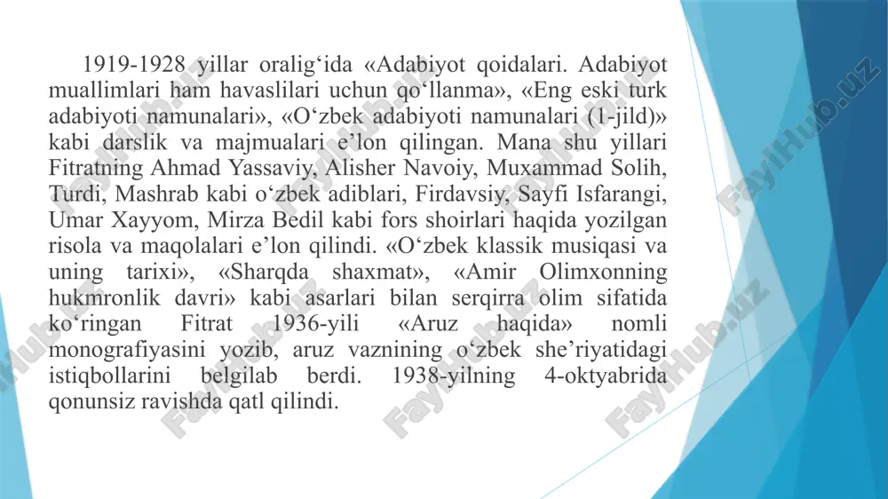ing ba’zi xususiyatlariga ko‘ra hal qilganlar. bizning tilimizga uyg‘un kelaturgan vazn, albatta, milliy vaznimiz bo‘lgan barmoq vaznidir. biroq eron-arab ta’siri ostida aruz vazni ham adabiyotimizga kirgan, muhim o‘rin olgan, muvaffaqiyatli bir shaklda keng suratda bu kungacha davom etib kelgan. aruz vazni arabnikidir. arab shu vaznlarda she’r yozgan. hijriy 170-nchi yilda o‘lgan imom xalil ibn axmad bu vaznlarni yig‘ib, belgili qoidalar ostiga kirgizdi, aruz qoidalarini tuzdi. arab olimi tomonidan tuzilgan aruz qoidalarini forslar ham forsi(y) she’rlar uchun qabul qildilar. biroq forsiy she’r uchun qabul etilgan aruz arab aruzining xuddi o‘zi emas edi. forslar arab aruzini tuzatdilar. kamchiliklarini to‘ldirdilar. o‘zlarining milliy vaznlarini ham shu qoidalarga ergashtirib aruzga kirgazdilar. mana shunday qilib. arab aruzini arab-fors aruzi holiga keltirdilar” uslub haqida “…butun o‘zbek yozg‘uchilarining ifodalari o‘zbekcha bo‘lgani holda har birining o‘ziga maxsus bir uslubi bordir. biroq uslubdagi bu hol tuban, kuchsiz adib-yozg‘uchining asarlarida o‘zini ochiq, ko‘rsata olmaydir. kuchsiz yozg‘uchilarning uslublari bir-biriga o‘xshab qoladir. ular …