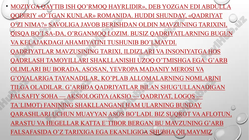 navbatida butun jahon, sharq madaniyatiga g’oyat katta hissa qo’shganlar. bunday fikrni abu hanifa, al-buhoriy, at-termiziy, kubro, ahmad yassaviy, naqshband kabi ilohiyot ilmining zabardast allomalari tug’risida ham aytish joiz. image2.png image3.png image1.png /docprops/thumbnail.jpeg