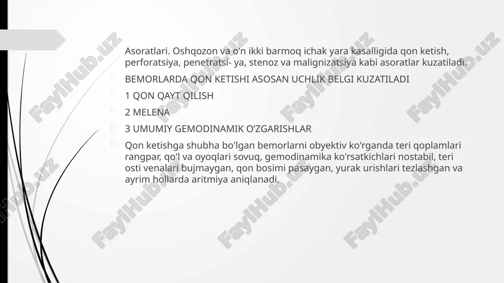 qti-vaqti bilan qayt etishlar 2-3 kunda bir marta takrorlanadi va bemorlarga yengil- lik keltiradi. oshqozon ichki bosimining oshishi qizilo'ngach jomi susayishiga sabab bo'ladi va gas- troezofageal reflyuksni chaqiradi. shu sababli bemorlarni zarda qaynashi, nordon kekirish bezovta qiladi; ii bosqich - oshqozonda doimiy og'riqlar va tarkibi hazm bo'lmagan ovqat mahsulotlari bilan kunora qayt qilish kuzatiladi. qayt qilgandan so'ng bemorlar ahvollarida sezilarli ijobiy o'zgarish his qiladilar va shu sababli uni ko'p hollarda sun'iy chaqiradilar. stenoz kuchayib borgan sari oshqozon kengayadi hamda qayt qilish "fontan" ko'rinishini oladi va kekirganda og'izdan aynigan tuxum hidi keladi iii bosqich-yaqqol stenoz kuzatilib oshqozondan o'n ikki barmoqli ichakka suv o'tishi ham qiyinlashadi. qisqarishi va shovullash shovqini eshitiladi. qusuq mahsulotlaridan aynigan hid taraladi. ushbu bosqichda be- mor tana vazni keskin kamayadi, degidratatsiya kuchayadi, elektrolit va metabolik o'zgarishlar yuzaga keladi. ularni doimiy oshqozon sohasida tarqalgan azob beruvchi siqilish hissi va og'riq bezovta qilishi davom etadi. ko'p suyuqlik yo'qotish oqibatida tashnalik …