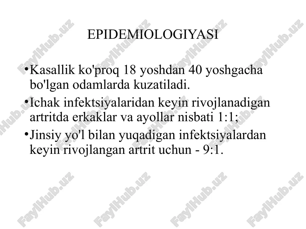 yoki bachadon bo'yni qirib tashlash chlamydia trachomatis uchun ijobiydir. enterobakteriyalar uchun axlatni bakteriologik tekshirishning ijobiy natijalari. 2. sinoviumda doimiy infektsiyaning dalili (ijobiy immunohistologik natijalar). chlamydia trachomatis uchun ijobiy pcr. image1.png image2.jpeg image3.jpeg image4.jpeg image5.jpeg image6.jpeg image7.jpeg image8.jpeg image9.jpeg image10.jpeg image11.jpeg 99-07-0026 99-07-0058 99-07-0015 99-07-0033 99-07-0027 99-07-0029 99-07-0030 /docprops/thumbnail.jpeg