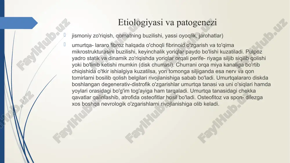 ofagit va boshqalar) va qorindagi og'riqlar (xolesistit, pankreatit, gastrit va boshqalar) bilan kechuvchi kasalliklardan farqlash lozim. uning kechki davrlarida og'riq sindromi bemor holatiga bog'liq bo'lmagan holda hatto kechalari ham kuchayib boradi. agar jarayonga vegetativ tolalar ham qo'shilsa, og'riq yana-da zo'rayadi. klinikasi umurtqa pog'onasining bel qismi osteoxondrozi va spondilyozi oʻrta va keksa yoshdagi aholi orasida ko'p uchrab, o'tkir lyumbago (umurtqani bel sohasida kuchli og'riq), ishias (o'tirish nervi bo'ylab tarqa- luvchi og'riq) va lyumbaishialgiya (bel sohasi va o'tirish nervi bo'ylab tarqaluvchi og'riq) ko'rinishida namoyon bo'ladi. beldagi og'riqlar o'tkir (zo'riqish, og'ir yuk ko'tarish, keskin harakat yoki jarohat- langandan keyin to'satdan kuchli og'riq) va surunkali (belni pastki qismida uncha kuchli bo'lmagan) bo'lishi mumkin. ushbu bemorlarda og'riq, mushaklar spazmi sababli qomatning o'zgarishi, tananing shikastlangan tomonga bukilishi kuzatiladi. laborator-asbobiy tekshirishlar. tashxis qo'yishda rentgen tekshirish (rentgenografiya, kt, mrt) usullari muhim ahamiyatga ega. unda umurtqalararo tirqishning torayishi, konturining o'zgarishi, disk balandligining pasayishi, umurtqa tanasi tog'ayosti qavati qattiqlashishi va …