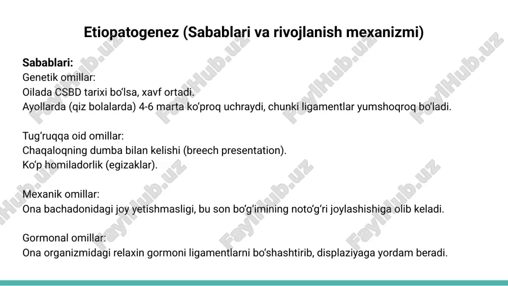 i o‘rgatiladi (masalan, oyoqni engil harakatlantirish). gips olib tashlangach: fizioterapiya: oyoq mushaklarini mustahkamlash va harakat doirasini kengaytirish. massaj: qon aylanishini yaxshilash uchun. uzoq muddatli reabilitatsiya: bolaning yurishi va harakatlari monitoring qilinadi. agar kech davolansa, ortopedik poyabzal yoki qo‘shimcha mashqlar kerak bo‘lishi mumkin. bolalarga xos muammolar: tez o‘sish tufayli bo‘g‘imning moslashuvi kuzatilishi kerak. psixologik jihat: katta yoshdagi bolalarda oqsash o‘ziga ishonchni pasaytirishi mumkin. qiziqarli faktlar va misollar statistika: har 1000 chaqaloqdan 1-2 tasida csbd uchraydi. tarixdan: 1890-yilda adolf lorenz bu kasallikni davolash uchun yopiq repozitsiya usulini ishlab chiqqan. ilhom: hozirgi texnologiyalar bilan uzi yordamida displaziyani 1-2 haftalik chaqaloqlarda aniqlash mumkin! image3.png image1.png image2.png image4.png