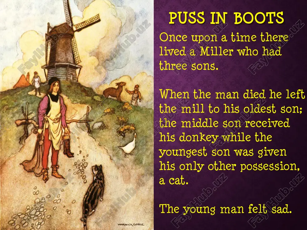 r it will be the worst for you.” puss in boots “these fields, sire, and all the surrounding lands belong to the marquis de carrabas. puss in boots “i am impressed, my lord,” said the king the king’s daughter smiled and touched the young man’s arm. the young man was even more astonished by the cleverness and audacity of his cat. puss in boots puss in boots came at last to a castle and knocked boldly on the door. the enormous wooden door creaked open and a large ogre presented himself, “what d’ye want?” the cat bowed low, “i have heard you are fierce and cruel and that people are afraid of you.” “what of it!” grunted the ogre. “i have also heard you have powers to change yourself …” puss in boots puss in boots suddenly, a ferocious lion appeared where the ogre had stood. puss quickly scrambled and …