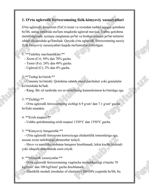 lish uchun xromli ruda, dolomit va koks aralashmalari qabul qilingan miqdorda foydalaniladi. 2. **vakumli eritish usuli**: - bu usul hollarda xromning maksimal sof me'yori talab qilinganida qo'llanadi. vakumli eritish, kislorodsiz muhitda amalga oshiriladi va bu jarayon yuqori bosimda yoki juda past bosimda amalga oshirilishi mumkin. bu jarayon xromning uglerod bilan birikishini minimum darajadagi holatda saqlash uchun muhim. 3. **metallotermik usul**: - metallotermik usulda alyuminiy yoki silikon kabi metall reduktorlardan foydalaniladi. xrom oksidi yuqori reaktivlikka ega bo'lgan metall bilan reaksiyaga kirishib, xromga aylanadi. - bu usulda yuqori sifatli xrom ishlab chiqarilishi mumkin, chunki ortiqcha uglerod miqdori deyarli mavhuplanmaydi. 4. **erimaydigan materiallar orqali eritish usuli**: - bu usulda, ferroxrom olish uchun xrom, po'lat eritmasiga erimaydigan materiallar orqali kirishtiriladi. ushbu usul energiya tejashda samarali bo'lib, past sifatli ruda yoki aralashmalarni qayta ishlashga imkon beradi. 5. **avtoklav usuli**: - bu suvli eritish usuli katta avtoklavlar, kislorod, suv va boshqa reaktivlar yordamida amalga oshiriladi. xromni …
