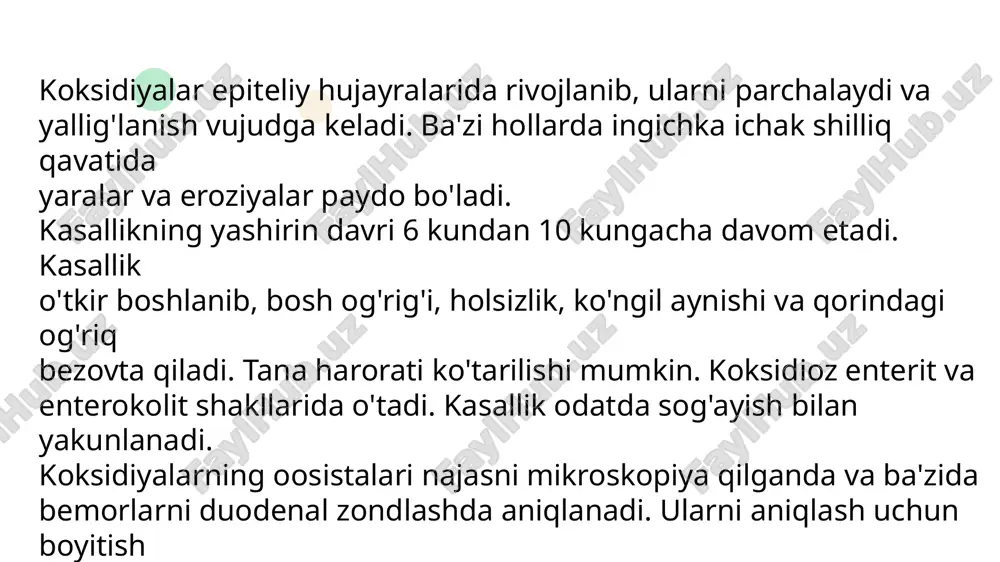 larning eng muhim turkumlari va turlari keltiriladi. koksidiyasimonlar sinfi juda xilma-xil tuzilgan 2400 ga yaqin turni oʻz ichiga cladi. flar xil halqali chuvalchanglar, mollyuskalar, bo'g'imoyoqlilar va umurtqali hayvonlarda parazitlik qiladi. koksidiyasimonlar hujayra ichi tia parazitlik qilishi bilan gregarinalardan farq qiladi. ko'pchilik turlarin ing hayot sikli jinssiz va jinsiy ko'payish hamda sporogoniyaning qonuniy gailanishi orqali boradi. xo'jayin almashtirmasdan rivojlanadigan turlari da sporogoniya tashqi muhitda boradi. xo'jayin almashtirib rivojlanadi gan turlarida esa sporogoniya va jinssiz ko'payish boshqa-boshqa xo'jayinlar organizmida rivojlanadi. jinsiy ko'payishi har xil kattalikdagi gametalarning kopulyatsiyasi (anizogamiya) orqali sodir boʻladi. 7 makro gameta (tuxum hujayrasi) gamontning bo'linmasdan to'g'ridan- to'g'ri o'sishi natijasida, mikrogametalar esa gamont (gametoid)ning ko'p mar ta bo'linishi orqali hosil boʻladi. koksidiyasimonlarning bir qancha turlari uy hayvonlari, parrandalar va baliqlarga katta ziyon yetkazadi. ular orasida bitta turi odamda ham parazitlik qiladi. quyida koksidiyasimonlarning eng muhim turkumlari va turlari keltiriladi 8 business business business 1. koksidiyalar (coccidiida) turkumi. koksidiyalar hayvonlarn ing …