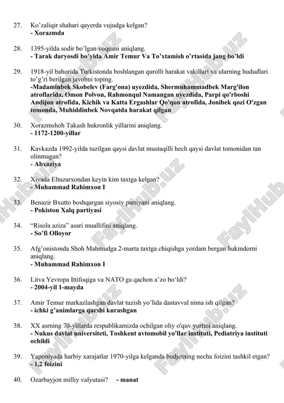vakillari va ularning hududlari to’g’ri berilgan javobni toping. -madaminbek skobelev (farg'ona) uyezdida, shermuhammadbek marg'ilon atroflarida, omon polvon, rahmonqul namangan uyezdida, parpi qo'rboshi andijon atrofida, kichik va katta ergashlar qo'qon atrofida, jonibek qozi o'zgan tomonda, muhiddinbek novqatda harakat qilgan 30. xorazmshoh takash hukronlik yillarini aniqlang. - 1172-1200-yillar 31. kavkazda 1992-yilda tuzilgan qaysi davlat mustaqilli hech qaysi davlat tomonidan tan olinmagan? - abxaziya 32. xivada eltuzarxondan keyin kim taxtga kelgan? - muhammad rahimxon i 33. benazir bxutto boshqargan siyosiy partiyani aniqlang. - pokiston xalq partiyasi 34. “risola aziza” asari muallifini aniqlang. - so’fi olloyor 35. afg’onistonda shoh mahmudga 2-marta taxtga chiqishga yordam bergan hukmdorni aniqlang. - muhammad rahimxon i 36. litva yevropa ittifoqiga va nato ga qachon a’zo bo‘ldi? - 2004-yil 1-mayda 37. amir temur markazlashgan davlat tuzish yo’lida dastavval nima ish qilgan? - ichki g’animlarga qarshi kurashgan 38. xx asrning 70-yillarda respublikamizda ochilgan oliy o'quv yurtini aniqlang. - nukus davlat universiteti, …