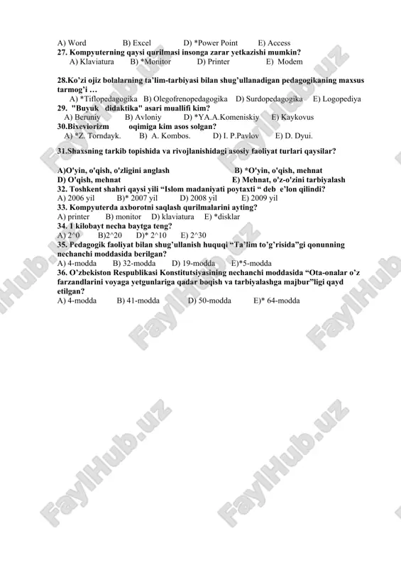 etoddan foydalaniladi? a) tushuntirish metodidan; v) ko'rgazmali metodidan; s) tahlil va tarkib metodidan; d)suhbat metodidan; e) hamma javoblar to'g'ri. 20.yuzi 210 sm2 bo'lgan to'g'ri to'rtburchakning bo'yi va eni qanday bo'lishi mumkin? a) bo'yi 15 sm, eni 14 sm v) bo'yi 15 sm, eni 16 sm s) bo'yi 25 sm, eni 9 sm d) bo'yi 18 sm, eni 12 sm e) bo'yi 15 sm, eni 12 sm 21. imlo malakalarini mustahkamlash uchun qaysi tahlilni samarali deb bilasiz? a) fonetik tahlilni; v) morfologik tahlilni; s) sintaktik tahlilni; d) fonetik-morfologik tahlilni; e) morfologik-sintaktik tahlilni. 22. 1-4 sinflarda log'at diktant so'zlar soni to'g'ri ko'rsatilgan qatorni toping. a) 1-sinfda olinmaydi, 2-sinfda 8-10, 3-sinfda 10-12, 4-sinfda 12-15 so’z v) 1-sinfda 6, 2-sinfda 8-10, 3-sinfda 10-12, 4-sinfda 12-15 s) 1-sinfda 4, 2-sinfda 6. 3-sinfda 8-10, 4-sinfda 10-12 so’z d)1-sinfda 10, 2-sinfda 8-10, 3-sinfda 10-12, 4-sinfda 12-15 so’z e) 1-sinfda 10, 2-sinfda 12-15, 3-sinfda 15-20, 4-sinfda 20-25 so’z …