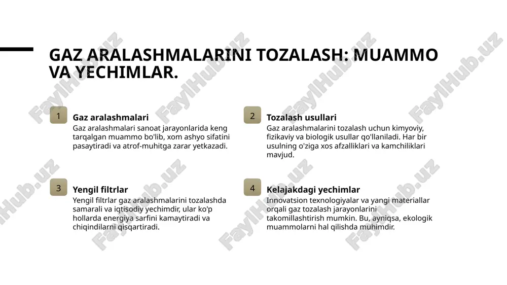 alan, nanomateriallar va kompozit filtrlar, gazni tozalash jarayonini samarali va energiya tejamkor bo'lishiga yordam beradi. 4 o'zbekiston misoli - o'zbekistonda gaz tozalash texnologiyalari rivojlanmoqda. mahalliy ishlab chiqarish va ilmiy tadqiqotlar ekologik muammolarni hal qilishda muhim rol o'ynaydi. yengil filtrlarning asosiy parametrlari va ularning ahamiyati. yengil filtrlar haqida yengil filtrlar, gaz aralashmalarini tozalashda foydalaniladigan samarali uskunalardir. ular engil materiallardan tayyorlanadi va yuqori filtratsiya samaradorligini ta'minlaydi. asosiy parametrlari yengil filtrlarning asosiy parametrlari orasida filtrning o'tkazuvchanligi, mexanik kuchi va kimyoviy barqarorligi muhim ahamiyatga ega. bu parametrlarga e'tibor berish zarur. ahamiyati yengil filtrlar sanoat jarayonlarida gaz aralashmalarini samarali tozalash orqali ekologik muammolarni hal qilishda muhim rol o'ynaydi va energiya samaradorligini oshiradi. gaz aralashmalarini tozalashda yengil filtrlar turlari. yengil filtrlar turlari suyuq filtrlar to'siq filtrlar gaz aralashmalarini tozalashda foydalaniladigan yengil filtrlar turli xil materiallardan tayyorlanadi, masalan, to'qimalar, metall va kompozit materiallar. suyuq filtrlar gaz aralashmalarini tozalashda suyuqlik orqali ifloslanishlarni ajratish uchun mo'ljallangan. ular ko'pincha yuqori …
