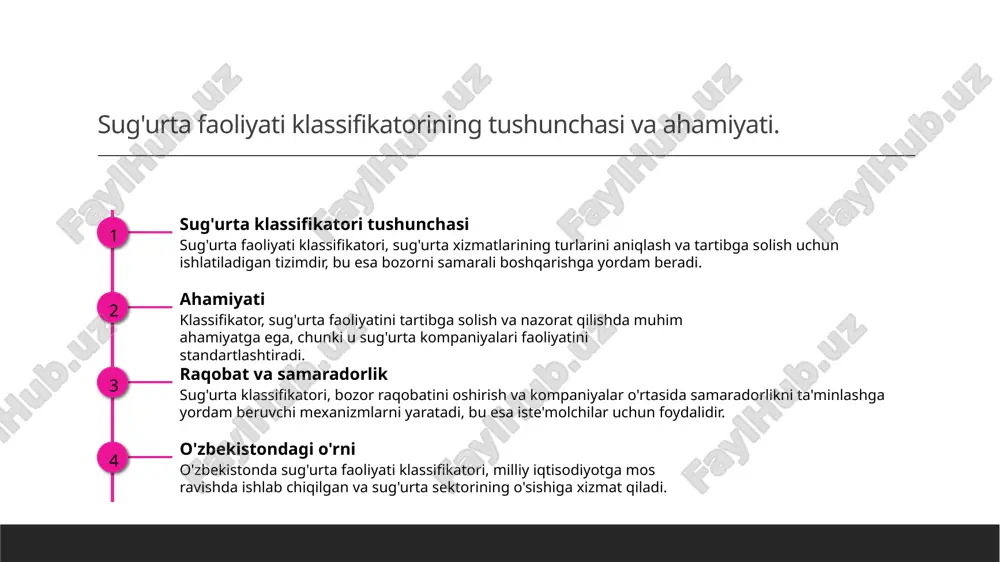 chun xavfsizlik va ishonchni ta'minlaydi. kelajak istiqbollari sug'urta faoliyati klassifikatorining kelajakdagi istiqbollari, xalqaro tajribalar asosida takomillashtirish va raqobatbardoshligini oshirishga qaratilgan. sug'urta sohalarining turlari va ularning xususiyatlari. 01 sug'urta turlari sug'urtaning asosiy turlari, moliyaviy xavfni boshqarish va qoplash maqsadida, hayot sug'urtasi, sog'liq sug'urtasi va mulk sug'urtasini o'z ichiga oladi. 02 xususiyatlar har bir sug'urta turi o'ziga xos xususiyatlarga ega. masalan, hayot sug'urtasi uzoq muddatli moliyaviy xavflarni qoplaydi, sog'liq sug'urtasi esa tibbiy xarajatlarni qamrab oladi. 03 raqobat va rivojlanish sug'urta sohalaridagi raqobat kuchli. innovatsion yechimlar va raqamli texnologiyalar orqali sektorda rivojlanish imkoniyatlari mavjud, ayniqsa o'zbekistonda. sug'urta klasslarining iqtisodiy roli va ahamiyati. sug'urta klasslari iqtisodiyotda muhim rol o'ynaydi, chunki ular risklarni boshqarish va moliyaviy barqarorlikni ta'minlashga yordam beradi. ularning ahamiyati quyidagilardan iborat: - xavf va zararlarni moliyalashtirish - investitsiyalarni rag'batlantirish - iqtisodiy o'sishga hissa qo'shish. photo by clark young on unsplash sug'urta sektori: global va mahalliy misollar. global sug'urta sektori global sug'urta sektori, …