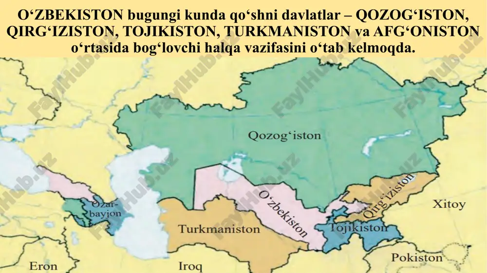 3 yilda o‘tgan bmt bosh assambleyasining 48-sessiyasi 2. 1995 yilda bmt tashkil etilganiga 50 yil to‘lgani munosabati o‘tgan sessiya 3. 2000 yilda bmt bosh assambleyasining “ming yillik sammiti”da 4. 2010 yilda bmt bosh assambleyasining ming yillik rivojlanish maqsadlariga bag‘ishlangan yalpi majlisida 5. 2017 yil 19 sentabr bmt bosh assambleyasining 72-sessiyasi 6. 2020 yil 23 sentabr bmt bosh assambleyasining 75-sessiyasida vatanimiz tarixida birinchi marta o‘zbek tilidagi nutq. o‘zbekiston respublikasi tashqi siyosat tizimi shakllanishiga doir huquqiy hujjatlat: 2. vazirlar mahkamasining 1992-yil may oyidagi “o‘zbekiston respublikasi tashqi ishlar vazirligi faoliyatini tashkil etish masalalari to‘g‘risida”gi qarori; 4. 1996-yil “o‘zbekiston respublikasi tashqi siyosiy faoliyatining asosiy prinsiplari to‘g‘risida”gi o‘zbekiston respublikasi qonuni. 3. vazirlar mahkamasining 1994-yil mart oyidagi “o‘zbekiston respublikasi tashqi ishlar vazirligi faoliyatini takomillashtirish to‘g‘risida”gi qarori; 1. o‘zbekiston respublikasining konstitutsiyasi; o‘zbekiston va jahon hamjamiyati. “o‘zbekiston respublikasi xalqaro munosabatlarning to‘la huquqli subyektidir. uning tashqi siyosati davlatlarning suveren tengligi, kuch ishlatmaslik yoki kuch bilan tahdid qilmaslik, chegaralarning daxlsizligi, …