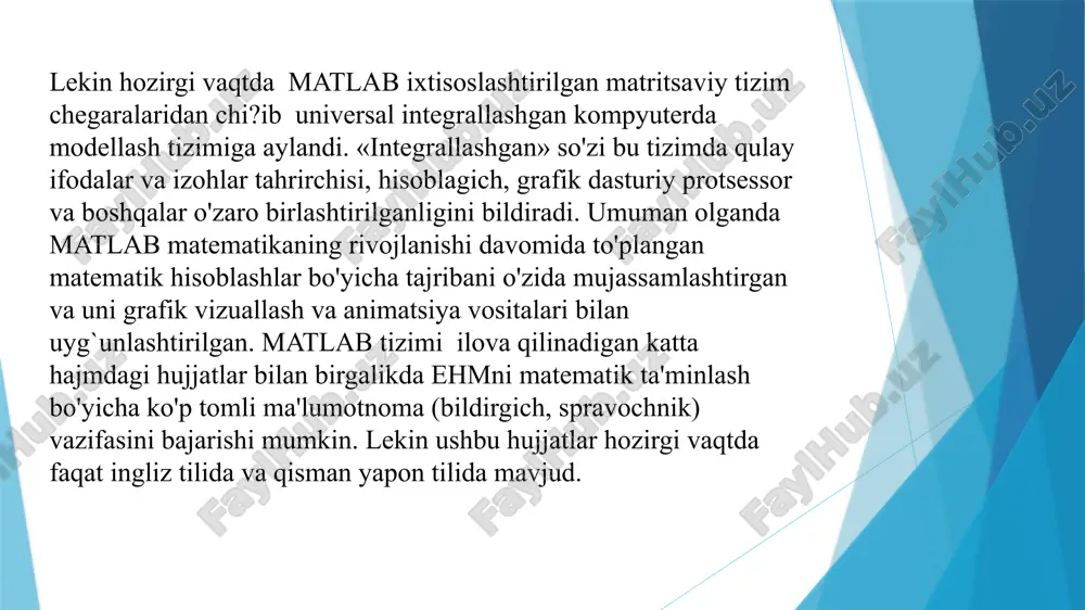 a matlabning o'rnatilgan versiyasi tanlanadi matlab ishga tushgandan keyin ekranda uning asosiy oynasi paydo bo'ladi va u komandalar (buyruqlar) rejimida ishlashga tayyor holga keladi. odatda bu oyna to'liq ochilmaydi va ekranning faqat bir qismini egallaydi. ustki o'ng burchagida joylashgan uchta tugmadan o'rtadagisini bosish yo'li bilan oynani to'liq ochish mumkin. chapdagi tugma bosilganda oyna yopiladi, o'ngdagi tugma bosilganda esa matlabning ishlashi to'xtatiladi. matlab superkalkulyator rolida matlab tizimi har qanday murakkab hisoblar ham to'g'ridan –to'g'ri hisoblash rejimida, ya'ni dasturni tayyor holga keltirmasdan turib bajariladigan qilib yaratilgan. bu narsa matlabni oddiy arifmetik amallar va elementar funktsiyalarni hisoblashdan tashqari vektorlar va matritsalar, kompleks sonlar, qatorlar va polinomlar bilan ham amallar bajaruvchi g'ayrioddiy superkalpkulyatorga aylantiradi. oddiy sinusoidadan murakkab uch o'lchamli figuragacha bo'lgan har xil funktsiyalarni bir zumda kiritib darhol ularning grafiklarini chiqarish (olish) mumkin. tizim bilan to'g'ridan – to'g'ri hisoblashlar rejimida ishlash, dialog xarakterda bo'lib “savol berildi, javob olindi” tarzida kechadi. foydalanuvchi buyruqlar satrida klaviatura …