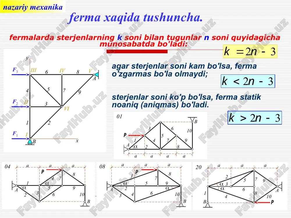 p3 p4 n1 n2 c e nazariy mexanika tekis fermalarning grafik xisobi f1 f2 f3 r4 r5 i ii iii iv v vi 1 2 3 4 5 6 7 8 9 r5 s1 s2 i s3 s’1 ii (s4=0) f1 s5 s6 s’3 iii s7 s8 s’5 s’2 iv f2 s9 s’6 s’7 v f2 r4 s’8 s’9 vi f1 s5 s6 s’3 iii nazariy mexanika takrorlash uchun savollar: geometrik o'zgarmas konstruktsiya deganda qanday konstruktsiyalar tushuniladi? ferma deb qanday konstruktsiyalarga aytiladi? qanday fermalar tekis fermalar deyiladi? ferma tugunlari deganda nima tushuniladi? tashqi kuchlar fermaning qaysi nuqtalariga qo'yiladi? ferma sterjenlariga qanday kuchlar ta'sir ko'rsatadi? ferma sterjenlar soni bilan tugunlar soni orasidagi munosabat qanday bo'lganda statik aniq va geometrik o'zgarmas bo'ladi? qanday fermalar statik aniqmas fermalar bo'ladi? qanday fermalar ortiqcha sterjenli fermalar deyiladi? ferma xisobi deganda qanday masalalar xal etiladi? nazariy mexanikada fermalar xisobining qaysi usullari o'rganiladi? ferma xisobining tugunlarni ajratish …
