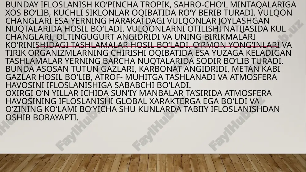 ransport sanoati kor-xonalari, maishiy xo‘jalik, davolanish maskanlari va shu kabi tarmoqlar kiradi. qattiq chiqindilar o‘z yo‘lida sanoat va maishiy chiqindilar turkumiga bo‘linadi. sanoat qattiq chiqindilari - bu asosiy mahsulot ishlab chiqarish jarayonida hosil bo‘lgan xomashyo, material va yarim fabrikatlaming qoldiqlaridir. ushbu chiqindilar turiga o‘zini ishlatish muddatini o‘tab bo‘lgan mahsulotlar ham kiradi, ya’ni fizik va ma’naviy eskirishi oqibatida yaroqsiz holga kelgan mahsulotlar va mashinalar. maishiy (kommunal) chiqindilarga uy sharoitida utilizatsiya qilinishiga imkoni yo‘q bo‘lgan qattiq chiqindilar — qog‘oz-karton materiallari, polimer-plastmassa buyumlari, shisha- keramika buyumlari, singan, ishdan chiqqan yog‘och buyumlari, keraksiz alumin-metall buyumlari, yaroqsiz paxta-sintetik material buyumlari, oziq-ovqat chiqindilari va shu kabilar kiradi. chiqindilarning asosiy tasniflovchi atributi “chiqindining kelib chiqishi” hisoblanadi. o‘zbekiston respublikasining “chiqindilar to‘g‘risida” gi qonuni chiqindilarning turli tasniflarini belgilaydi. shunday qilib, turlari bo‘yicha, kelib chiqishiga qarab, chiqindilar ishlab chiqarish va iste‘mol chiqindilariga bo‘linadi . ishlab chiqarish chiqindilari- bu yuridik shaxslar va yakka tartibdagi tadbirkorlar tomonidan amalga oshiriladigan xo‘jalik faoliyati (mahsulot, …