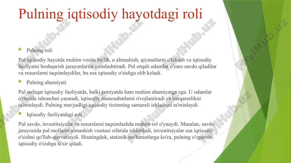 nchi elektron pullar sifatida e-gold va digicash kabi tizimlar paydo bo'ldi. bu tizimlar foydalanuvchilarga onlayn muomalalarga imkoniyat yaratdi va moliyaviy operatsiyalarni osonlashtirdi. rivojlanishi va ahamiyati bugungi kunda elektron pullar nafaqat internetda, balki kundalik hayotda ham keng qo'llanilmoqda. ular iqtisodiyotni raqamlashtirishda va global savdoda muhim rol o'ynaydi. kriptovalyutalar: bitcoin va ethereum bitcoin - bu birinchi kriptovalyuta bo'lib, 2009-yilda satoshi nakamoto tomonidan ishlab chiqilgan. u markazlashtirilmagan tizimda ishlaydi va foydalanuvchilar o'rtasida to'g'ridan-to'g'ri moliyaviy operatsiyalarni amalga oshirish imkonini beradi. ethereum esa, bitcoin'dan farqli o'laroq, smart-kontrakt funksiyasiga ega bo'lgan ikkinchi avlod kriptovalyutadir. bu texnologiya dasturchilarga o'z dasturlarini blockchain ustida yaratishga imkon beradi. bitcoin va ethereum o'rtasida ko'plab farqlar mavjud. bitcoin asosan to'lov vositasi sifatida ishlatiladi, ethereum esa dasturlar yaratish uchun platforma hisoblanadi. biroq, ikkala kriptovalyuta ham markazlashtirilmagan tizimda mavjud. umuman olganda, bitcoin va ethereum kriptovalyutalari yangi moliyaviy ekotizimni yaratmoqda. ular o'zlarining texnologiyalari orqali moliyaviy operatsiyalar va dasturlarni kelajakda o'zgartirishi mumkin. elektron pullar va kriptovalyutalar …