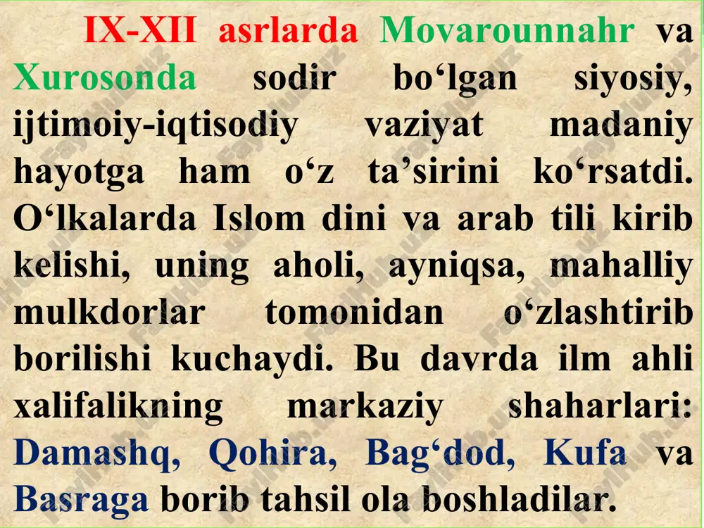 ”). asar 1072-yilda yozilishi boshlangan bo‘lib, 1074-yilda tugallangan. bu asar 1914 yil turkiyaning diyorbakr shahridan topilgan. 319 sahifali asar hozirda istanbulda saqlanadi. xiv-xv asrlar amir temur va temuriylar davri renessansi buyuk sohibqiron amir temur bobomiz oqsaroy peshtoqiga “adolat – davlatning asosi va hukmdorlar shioridir”, degan hikmatli so‘zlarni yozdirgani bejiz emas, albatta. ushbu ulug‘vor g‘oya inson qadr-qimmatini oliy darajaga ko‘tarish borasidagi amaliy harakatlarimiz poydevoriga aylandi. amir temur (1336-1405) amir temur kesh shahri yaqinida xo’jailg’or qishlog’ida 1336-yil 9-aprel kuni tavallud topgan. uning to’liq ismi: amir temur ko’ragoniy ibn amir tarag’ay ibn amir burkul. yevropada tamerlan tahallusi bilan mashhurdir. amir temur va temuriy- lar davrida bunyod etilgan me’- moriy obida- lar va bog’lar samarqandda: go’ri amir maqbarasi shohi zinda majmuasi ko’ksaroy bo’stonsaroy bibixonim masjidi va madrasasi. ulug’bek madrasasi ulug’bek rasadxonasi bog’i dilkusho bog’i behisht bog’i jahonaro bog’i nav bog’i davlatobod bog’i shamol * amir temur va temuriy- lar davrida bunyod etilgan me’- moriy …