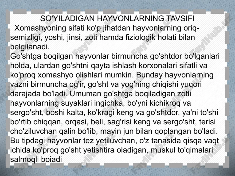 o'linadi: go'shtning tarkibi, oziqaviylik qiymati va ovqatlanishdagi ahamiyati respublikamiz oziq-ovqat sanoatining asosiy tarmoqlaridan biri go'sht sanoati hisoblanadi. bu borada chorvadorlar, fermerlar va malakali texnologlar muhim o'rin tutadilar. ma'lumki go'sht va go'sht mahsulotlari tarkibida to'la qimmatli oqsillar ko'p miqdorda bo'lganligi uchun har bir inson organizmi uchun zarur va muhim hisoblanadi. kuzatishlardan ma'lumki, inson organizmini energetik va plastik moddalar bilan ta'minlashda birorta oziq mahsuloti go'shtning o'rnini bosa olmaydi. go'sht oqsillari o'simlik oqsillaridan bir necha barobar yuksak bo'lganligi uchun ham muhim energiya manbayi hisoblanadi. binobarin, go'shtning inson kundalik hayotida tutgan o'rni beqiyosdir. go'sht tarkibida barcha muhim elementlar tayyor holda bo'lganligi sababli, inson organizmida moddalar almashinuvida ishtirok etadi. kuzatuvlardan ma'lum bo'lishicha, go'sht miyaga ko'proq ta'sir ko'rsatadi. boshqacha qilib aytganda, miya go'shtdan oziqni ko'proq olib o'sadi va rivojlanadi. ma'lumki inson organizmi o'z faoliyatida oqsil, yog', uglevod, tuz va vitaminlarni, shuningdek, barcha turdagi aminokislotalarni sarflaydi. oqsil-mahsulotning asosiy tarkibi hisoblangani holda, turli xildagi aminokislotalar birikmasidan iborat. oqsillar …