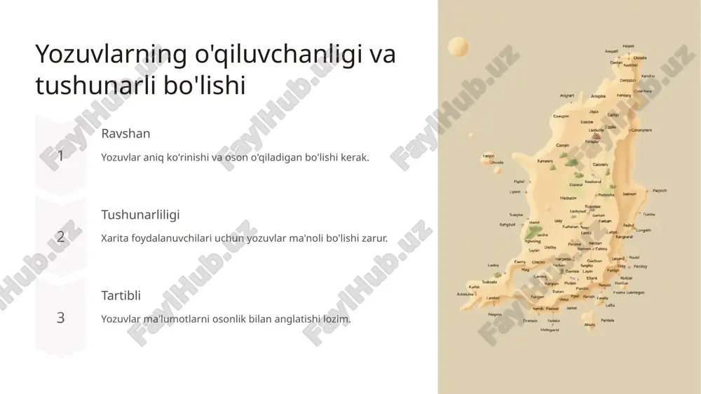 ashqarida, uning cho�ziq yo�nalishiga parallel ravishda; d) obyekt dumaloqroq ko�rinishda, kichkina bo�lganda obyekt- ning o�ng yoki istalgan shtrixdan bo�sh tarafida; e) asosiy o�q chizig�i yo�nalishi murakkab konfiguratsiyaga ega maydonning yozuvi chiziq o�qining cho�zilgan tomoni bo�ylab, orasini ochiq holda yoziladi. kartadagi katta maydonni egallagan, katta maydonda cho�zilgan (masalan: tog� tizmasi, tekislik va boshqalar) obyekt nomini obyektning bor uzunligi bo�yicha cho�zib yoziladi, shu bilan uning egallagan maydoni ko�rsatiladi. ba�zi hollarda obyektning joylashgan o�rnini hech qanday shartli belgilarsiz, faqat yozuv orqali ko�rsatiladi, bunda obyekt nomining yozilishi uning joylashgan joyi cho�zilgan maydoni bilan mos kelishi kerak. yirik maydonni egallagan obyektlar nomi (materik, okean, davlatlar)ni butun maydon bo�ylab, ba�zan ikki-uch qatorda katta shriftlar bilan yoziladi. kartalarning asl nusxasini tuzish jarayonida, yozuvlarni joylashtirishda turli ketma-ketliklardan foydalanish mumkin. kartaning tayyorlanayotgan asl nusxasiga obyekt joylashgan joyni tushirilayotganda uning nomini ketma-ket yozib ketish mumkin, lekin bunda karta mazmuniga mos boshqa element- larni yozuv bilan to�sib qo�yish mumkin. xulosa. geografik …