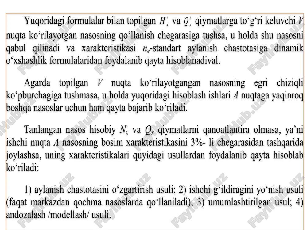 idagi ifoda bilan aniqlanadi: trtaxm qd )8,07,0( ; bu erda, q tr - truboprovodning hisobiy suv sarfi. har bir nasos alohida truboprovodga suv haydasa, u holda q tr =q x bo‘ladi. agar nasoslar umumiy truboprovodga ulansa, truboprovodning hisobiy suv sarfi quyidagi ifoda bilan aniqlanadi:    i ii tr tr t tq z q )( 1 3 ; bu erda, q i - nasos stansiyasining t i davrlardagi suv haydashlari qiymatlari, suv iste’moli grafigidan olinadi; truboprovodning hisobiy bosimi quyidagicha topiladi: h tr =h x + h bu erda, h x - nasosning hisobiy bosimi, m; h - gidravlik zarb hisobiga bosimning ortishi, m; iqtisodiy maqbul diametrni aniqlash variantlarni texnik -iqtisodiy taqqoslash usuli bilan amalga oshiriladi. bunda asosiy mezon quyidagi formula bilan topiladigan keltirilgan harajatlar hisoblanad i: k k.x =k + et o bu erda, k-1 p.m. truboprovodning qurilish bahosi; e - yillik ekspluatatsiya harajatlari; t 0 - sarflangan mablag‘ning …