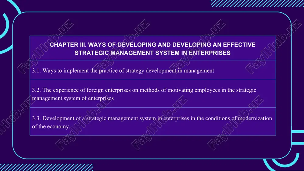 innovations. b. customer satisfaction level the level of customer satisfaction, how satisfied they are with the product or service, shows the effectiveness of the strategic management system. c. market share the increase in market share reflects the effectiveness of the strategic management system. 3. evaluation of operational efficiency operational efficiency shows the effective management of the internal processes of the enterprise and the optimal use of resources. a. production efficiency the efficiency of production processes (for example, saving time and resources) indicates the successful operation of strategic management. b. cost optimization by effectively managing costs, reducing production and marketing costs, it is possible to increase the profitability of the enterprise c. quality management system the product or service quality management system, quality control and product improvement processes reflect the effectiveness of the enterprise's strategic management system. 4. evaluation of personnel policy personnel policy play an important role in increasing the …
