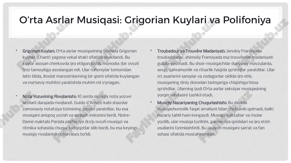 o davrida opera, sonata, oratoriya va kantata kabi muhim musiqiy janrlar shakllanib, oʻzining oltin davrini boshdan kechirdi. opera, ayniqsa, tomoshabinlarning hissiyotlarini uygʻotishga qaratilgan sahna sanʼati sifatida tezda mashhurlikka erishdi. claudio monteverdi va george frideric handel kabi kompozitorlar bu janrlarni yangi choʻqqilarga olib chiqdilar, oʻz asarlarida dramatik voqealar va chuqur psixologik obrazlarni tasvirladilar. asboblar va ansambllarning oʻrni bu davrda musiqiy asboblar, xususan, skripka oilasi, klavesin va organ musiqada markaziy oʻrin egalladi. katta ansambllar va orkestrlarning shakllanishi musiqiy ifoda imkoniyatlarini kengaytirdi. kompozitorlar asboblar uchun maxsus asarlar yozishni boshladilar, bu esa instrumental musiqaning mustaqil janr sifatida rivojlanishiga olib keldi. kontserto va süita kabi shakllar shu davrda juda ommalashdi. tonallikning standartlashishi barokko davrida tonallik tizimi, yaʼni major va minor gamma tizimlari toʻliq standartlashdi. bu garmonik qoidalar musiqiy kompozitsiyalarga yanada tuzilganlik va tartib berdi. basso continuo (doimiy bas) texnikasi barokko musiqasining oʻziga xos xususiyatlaridan biri boʻlib, u kompozitsiyaning garmonik asosini taʼminladi. bu davr musiqashunoslik uchun …