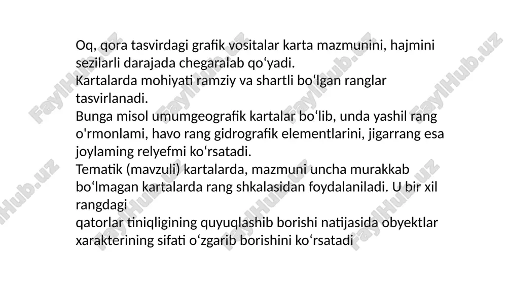 irinchi marotaba ranglaming aralashtirish diagrammasi tuzildi. diagramma ranglaming qo‘shilishini ko‘rsatadi va oq rang bilan spektral rangning qo‘shilishi natijasida hosil boiadigan ranglami to‘lqin uzunligi bo‘yicha joylashishini ifodalaydi. nyutonning diagrammasida to‘ldiruvchi ranglar qarama-qarshi tomonlarda joylashgan qizil, yashil va ko 'k ranglar tez seziladigan ranglar bo‘lib, asosiy fiziologik rang hisoblanadi. shu uchta rang bo‘yicha qo‘shilish ikki qismga bo’linadi: 1) additiv; 2) subtraktiv. additiv qo‘shilish kartalami nashr qilishda keng qo‘llaniladi. subtraktiv qo‘shilishda yangi ranglar hosil bo‘ladi (35-rasm) ranglar qatoridagi rang shkalasini tuzishda, ulaming xarakterli tomonlaridan ranglar qatori, tiniqligi, yorqinligi sezish qoidasi turadi (36-rasm). kartalaming rnazmun elementlarining, fonlarining bir tekisda bo‘yalishi — kartaning fonli jihozlanishi deb tushuniladi. umumgeografik, mavzuli yoki maxsus kartalarning jihozlangan nusxalarini yaratishda kartalaming fonli jihozlanishi amalga oshiriladi. jihozlangan nusxa nashr uchun qabul qilingan akvarel bo ‘yoqlar bilan qoida, kistlar yordamida bo‘yaladi. shuning uchun ham u bo‘yalishda, bo‘yoqlaming tanlanishida va kartani tiraj ottiskalari uchun etalon vazifasini bajaradi. jihozlangan nusxalar mayda kataklik chizma qog‘ozida …