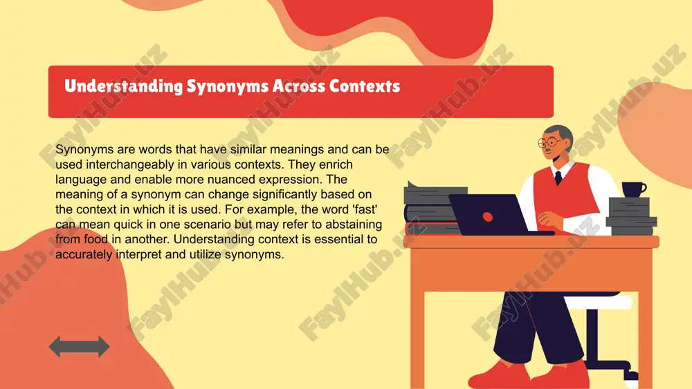 n. cultural context: antonyms can vary significantly across different cultures, influencing how ideas are perceived. understanding these variations is essential for effective communication in a globalized world, as it highlights the importance of context in language use. 1 2 3 role of synonyms in language evolution historical context: throughout history, synonyms have played a vital role in the evolution of language. as languages develop, they often borrow and adapt words from other languages, leading to the emergence of synonyms. this process reflects cultural influences and changes in society, showcasing how language is not static but dynamic. examples of evolving synonyms: - "big" vs. "large": while both words mean the same, their usage can vary in different contexts. - "help" vs. "assist": these words have similar meanings but can imply different levels of formality. - "end" vs. "terminate": both indicate a conclusion, but their connotations can differ based on context. illustration: …