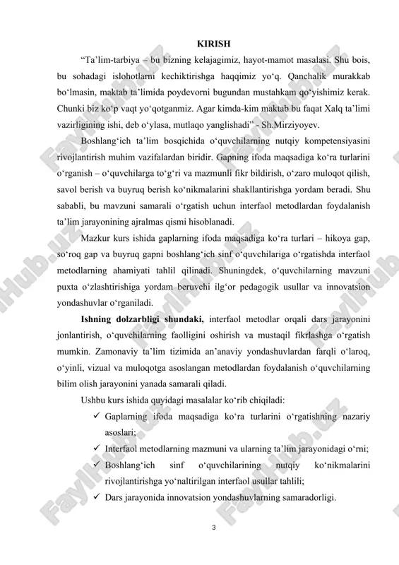 ing nutqiy faolligini oshirishga xizmat qiluvchi samarali pedagogik yondashuvlarni ishlab chiqish. kurs ishining vazifalari: “gap” mavzusining nazariy asoslarini tahlil qilish. boshlang‘ich sinf darsliklarida bu mavzuning berilish holatini o‘rganish. “gap” mavzusini o‘qitishda qo‘llaniladigan metod, usul va texnologiyalarni tahlil qilish. o‘quvchilarda fikr bildirish, gap tuzish ko‘nikmasini shakllantiruvchi mashq va topshiriqlarni tahlil qilish. dars jarayonida foydalanish mumkin bo‘lgan o‘yinli va interaktiv metodlar asosida tavsiyalar ishlab chiqish. mavzu bo‘yicha namunaviy dars ishlanmasini taklif qilish. kurs ishining ob’ekti: boshlang‘ich sinflarda ona tili fanini o‘qitish jarayoni. kurs ishining predmeti: boshlang‘ich sinflarda “gap” mavzusini o‘rgatish metodikasi, didaktik materiallar, mashqlar tizimi va pedagogik yondashuvlar. boshlang‘ich sinflarda ona tili darslarining muhim vazifalaridan biri fikrni ifodalashda gapdan ongli foydalanish ko‘nikmasini shakllantirish hisoblanadi. morfologiya va leksika, fonetika va orfografiya sintaksis asosida o‘zlashtirilgani uchun tilni o‘rganishda gap ustida ishlash markaziy o‘rin egallaydi. gap nutqning asosiy birligi bo‘lib, boshlang‘ich sinf o‘quvchilari ot, sifat, son, olmosh, fe‟l va ularning muhim kategoriyalarining tilimizdagi rolini gap …