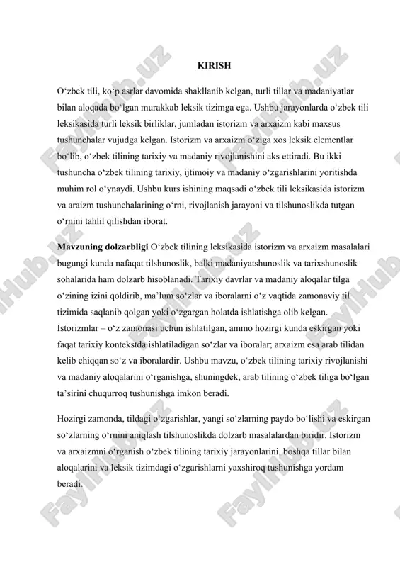 fatida til leksikasida saqlanib qolgan. arxaizm esa arab tilidan olingan so‘zlar va iboralarning o‘zbek tiliga kirishi natijasida yuzaga kelgan. arxaizm va istorizm o‘zbek tili leksikasining turli qatlamlarida o‘z ta’sirini ko‘rsatgan va bu jarayonlar tilning rivojlanishida muhim o‘rin tutgan. kurs ishining xulosasida istorizm va arxaizmning o‘zbek tilining leksikasida tutgan o‘rni va ahamiyati haqida umumiy fikrlar bayon etiladi. o‘zbek tili leksikasining zamonaviy holatini, istorizm va arxaizmning tilshunoslikda qanchalik ahamiyatga ega ekanligini aniqlash va bu tushunchalarni tahlil qilish, o‘zbek tili rivojlanishining yangi bosqichlariga yanada yaxshiroq yondashuvni ta’minlaydi. ushbu mavzu, o‘zbek tilining o‘zgarishlarini tushunish va o‘rganishning muhim qadamidir. ii.o’zbek tili leksikasida istorizm va arxaizm 2.1. istorizm va arxaizm tushunchalari o‘zbek tili leksikasi turli davrlar, tarixiy jarayonlar, boshqa tillar va madaniyatlar bilan aloqalar orqali rivojlangan. bu rivojlanishda tilga o‘zining izini qoldirgan so‘zlar va iboralar o‘ziga xos o‘rin tutadi. istorizm va arxaizm kabi leksik birliklar, o‘zbek tilining tarixiy, madaniy va ijtimoiy o‘zgarishlarini aks ettiradi. ushbu maqolada …
