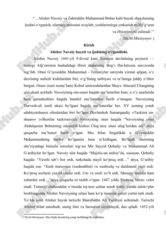 d qilgan. turkiy tilda “navoiy”, forsiy tilda esa “foniy” taxalluslarini qo‘llagan. alisher navoiyning adabiy va ilmiy merosini 4 faslga bo‘lish mumkin: 1. devonlari. 2. dostonlari. 3. forsiy tildagi she’riy merosi. 4. ilmiy-filologik, nasriy va tarixiy asarlari. alisher navoiyning o‘zbek tilida yaratgan she’riy merosi asosan «xazoyin ulmaoniy» devoniga jamlangan. asar 4 qismdan iborat. devonning birinchi qismiga «g‘aroyib us-sig‘ar» («bolalik g‘aroyibotlari»), ikkinchi qismiga «navodir ushshabob» («yigitlik nodirotlari»), uchinchi qismiga «badoye’ ul-vasat» («o‘rta yosh badialari») va nihoyat, to‘rtinchi qismiga «favoyid ul-kibar» («keksalik foydalari») degan nomlar berildi. «xazoyin ul-maoniy» inson bolasining murakkab va yuksak tafakkuri hamda behisob his-tuyg‘ulari bilan bog‘liq minglarcha she’r va o‘nlarcha she’r turlarini o‘z ichiga olgan majmua bo‘lib, sharq adabiyoti tarixida noyob hodisadir. bu xil majmua alisher navoiyga qadar amir xisrav dehlaviy tomonidangina tuzilgan. ushbu devonga kirgan minglarcha she’rlarni alisher navoiy butun umri davomida turli sharoitlarda, har xil sabablar bilan yozgan bo‘lib, ular shoir hayoti va u yashagan davr bilan sonsiz-sanoqsiz …