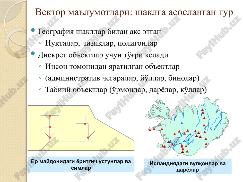 jorat tashkilotlaridan, universitetlardan yoki geography network gat uchun tayyorlangan bo'lishi shart emas o'z tashkilotingizdagi kompyuter tarmog'idan o'zingiz yaratishingiz mumkin geografiya – bu ma'lumot deb faraz qilish koordinatalar va atributlarni olish erdagi, fazodagi kuzatishlar yoki gps ma'lumotlari gatda ma'lumotlar to'plamini qurish geografiyani geografik ma'lumotlarga kiritish yoki x, y x, y 2227740, 3469392 1587961, 2380708 geografik ma'lumotlar manbaalari qog'oz kartalar (otsifrovka yoki skaner qilingan) aero- va kosmik suratlar ekran bo'yicha vektorizatsiya qilinayotganda xam foydali dala kundaliklari x,y koordinatalari yoki manzillar kiritilgan jadvallar tayyor geografik ma'lumotlar geoishlov berish (geografik ma'lumotlarga ishlov berish) muharrirlash xoxlagan narsa, qachonki joylashgan o'rindan geografik ma'lumotlar sifatida foydalana olsak sizning georafik ma'lumotlaringiz – bu bog' to'g'ri ma'lumotlarni olish uchun ozgina qiynalish kerak (va ba'zan omad xam kerak) xatto to'g'ri ma'lumotlar uchun xam «kultivatsiyalanish» kerak bo'ladi ma'lumotlar ba'zasi «yovvoyi» bo'lib o'sishi mumkin ularni sug'orish va parvalishlash kerak sabrli va tirishqoq bo'ling yaxshi tahlil bo'lishi uchun yaxshi ma'lumotlar kerak bog'bon siz …