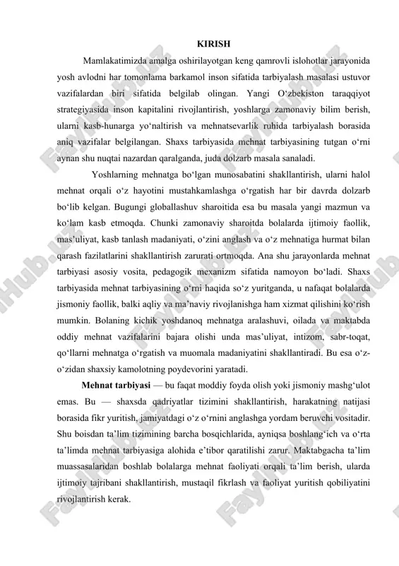 rganiladi. i bob.shaxs tarbiyasining pedagogik asoslari 1.1. shaxs tarbiyasi tushunchasi va uning mazmuni, maqsadi va vazifalari shaxs tarbiyasi – bu jamiyat hayotida faol ishtirok etuvchi, ijtimoiy jihatdan yetuk, ma’naviy barkamol va aqliy jihatdan rivojlangan insonni shakllantirishga yo‘naltirilgan uzluksiz pedagogik jarayondir. bu jarayon nafaqat maktabda yoki o‘quv muassasasida, balki oilada, jamoada, ommaviy axborot vositalari, madaniyat va san’at orqali amalga oshadi. shaxs tarbiyasi orqali insonda kerakli bilim, ko‘nikma, ijtimoiy axloqiy qadriyatlar shakllanadi va u jamiyatning faol a’zosi bo‘lib yetishadi. shaxs tarbiyasi jamiyat taraqqiyotining eng muhim negizlaridan biri hisoblanadi. chunki inson qanday tarbiya olsa, u shunday jamiyatni quradi. tarbiyasiz yoki noto‘g‘ri tarbiyalangan shaxs nafaqat o‘z hayotida, balki jamiyatda ham salbiy holatlarni yuzaga keltiradi. shu sababli ta’lim-tarbiya tizimi oldida turgan asosiy vazifalardan biri – har tomonlama yetuk, erkin fikrlaydigan, tashabbuskor va vatanparvar insonni shakllantirishdan iborat. shaxs tarbiyasining tushunchasi pedagogikada “shaxs” tushunchasi keng ma’noga ega bo‘lib, bu atama orqali o‘ziga xos psixik xususiyatlarga, ongi, irodasi, …