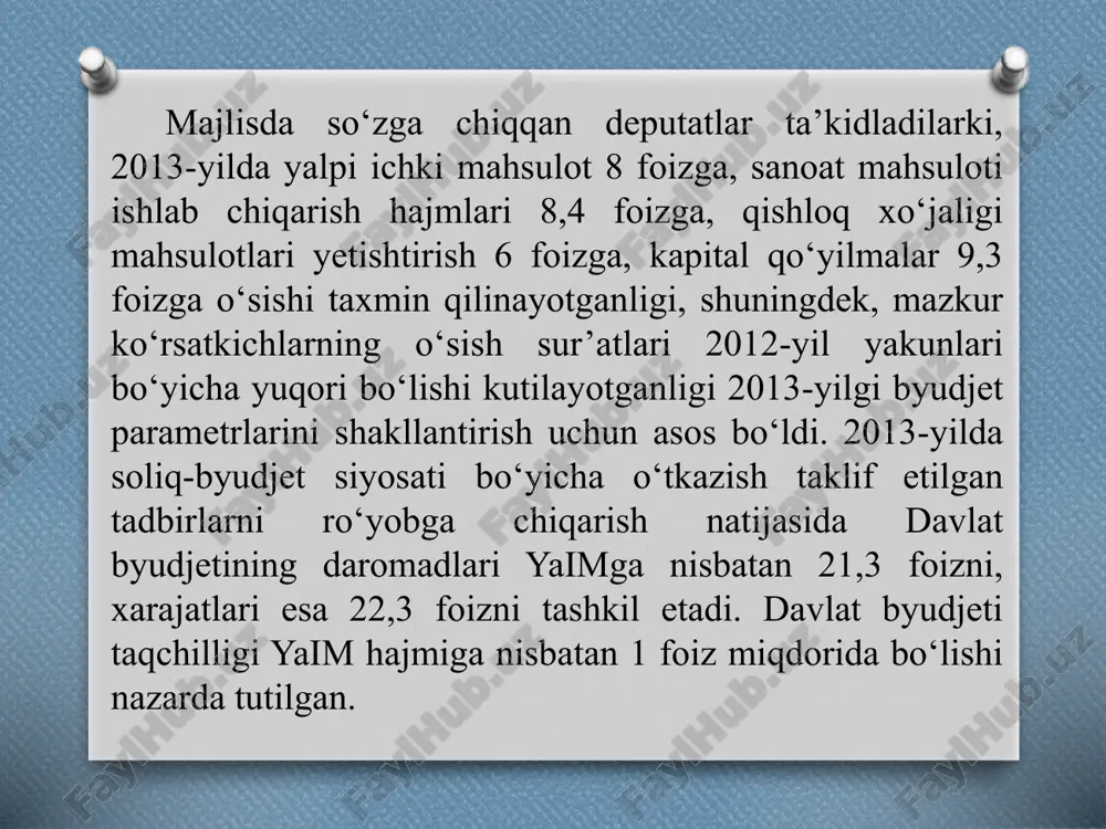 lgan holda oliy majlis qonunchilik palatasi o‘zbekiston respublikasining 2013-yilgi davlat byudjetini ma’qullab va tasdiqlab, tegishli qaror qabul qildi. o‘zbekiston respublikasi oliy majlisi qonunchilik palatasi axborot xizmati hisob va iqtisodiy tahlil xo`jalikni boshqarishda asosiy vosita bo`lishi kerak. binobarin, korxonalar, konsernlar, birlashmalarni mahsulot ishlab chiqarish jarayoni va natijalari kundalik hisob va hisobotda o`z aksini topadi. demak, iqtisodiy tahlil korxonalar faoliyatini nazorat qilishda, xo`jalik hisobini mustahkamlashda, iqtisodiy tejamni o`tkazishda, texnika taraqqiyotini jadallashtirishda, ilg’or tajribalarni tarqatishga, ish faoliyatida mavjud bo`lgan kamchiliklariga barham berishda va ichki xo`jalik rezervlarini aniqlashda muhim vosita sifatida qo`llaniladi. iqtisodiy tahlil qilish - dialektikaning muhim xususiyatidir. doimo harakat o`zaro aloqa va o`zaro boh`liqlik sabab-oqibat koordinatsiya va subkoordinatsiya qarama-qarshilik miqdor o`zgarishidan sifat o`zgarishi inkorni- inkor va shu kabilardir iqtisodiy tahlil o`z faoliyatida dialektikaning asosiy tamoyillariga asoslanadi. ular quyidagilardan iborat: iqtisodiy hodisalarni o`rganish jarayonida dialektik bilish usuli- tahlil(analiz) va umumiylik (sintez) usullaridan foydalaniladi. analiz grekcha « analysie » so`zidan kelib chiqqan bo`lib, bir …