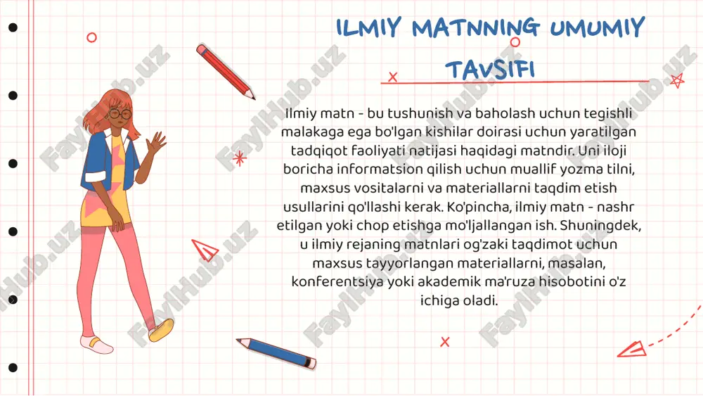 maxsus tanlangan faktlar, qiziqarli jihatlar, tarixiy rekonstruksiya qismlari bilan ta'minlangan. bunday ma'lumotni taqdim etish shakli nodavlat mutaxassislar uchun ochiq bo'lishi kerak, shuning uchun materiallarni tanlash, isbotlash va namunalar tizimi, axborot taqdim etish uslubi, mashhur ilmiy adabiyotlar bilan bog'liq bo'lgan til va uslublar haqiqiy ilmiy matndan biroz farq qiladi. ommabop ilmiy matnning tili va uslubi awesome words lmiy uslub ommabop uslub muallif va o'quvchi so'zning mavzusini teng ravishda bilishadi. muallif "havaskor" sifatida mutaxassis, o'quvchi sifatida ishlaydi. ko'pincha murakkab formulalar va dalillarga ega bo'lgan umumiy ilmiy so'z va terminlarning ko'pligi. atamalar o'quvchiga mavjud bo'lgan til bilan tushuntiriladi, asosiy natijalar tafsilotlarsiz beriladi. neytral uslub. tushunarli til. e’tiboringiz uchun rahmat!!!