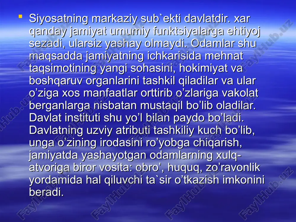 yosiy, huquqiy hodisa va faktlarning, shaxs va jamiyat o’zaro munosabatlarining, shuningdek, shaxslararo munosabatlarning bahosi hisoblanadigan va shaxsning, guruhning jamiyatdagi roli va ijtimoiy mavqei orasidagi, faoliyat va uning mukofoti, mehnat va haq, jinoyat va jazo, odamlarning xizmati va ularning ijtimoiy e`tirof etilishi o’rtasidagi mutanosiblikni ifodalaydigan ijtimoiy adolatni ta`minlash muhim o’rin tutadi. ular o’rtasidagi har qanday nomutanosiblik adolatsizlik sifatida baholanadi. ijtimoiy siyosat jamiyatning joriy va istiqboldagi manfaatlari, turli qatlamlar, ijtimoiy institutlar manfaatlari o’rtasidagi ziddiyatlarni hal qilish, jamiyatning ijtimoiy taraqqiyot uchun zaruriy “to’laydigan haqi”ni pasaytirish va korrektsiya qilishga yo’naltirilgan. shu munosabat bilan ijtimoiy siyosat farovonlikni rivojlantirish, aholi turli qatlamlarini qo’llab-quvvatlash miqyoslaridagi ustuvorliklarni belgilashga bevosita aloqador. odatda, ijtimoiy siyosat ijtimoiy ishning turli shakllari, davlatning bir martalik yirik qarorlari va tadbirlari, shuningdek, ijtimoiy (maxsus va kompleks) dasturlari orqali amalga oshiriladi. davlat sektori ijtimoiy siyosatining eng muhim vazifasi quyidagilar orqali ijtimoiy hayotdagi muvozanatning muayyan darajasiga erishish: a) tabiiy ofatlar, ocharchilik, kasalliklar, global jarayonlarning maksimal salbiy oqibatlarini …